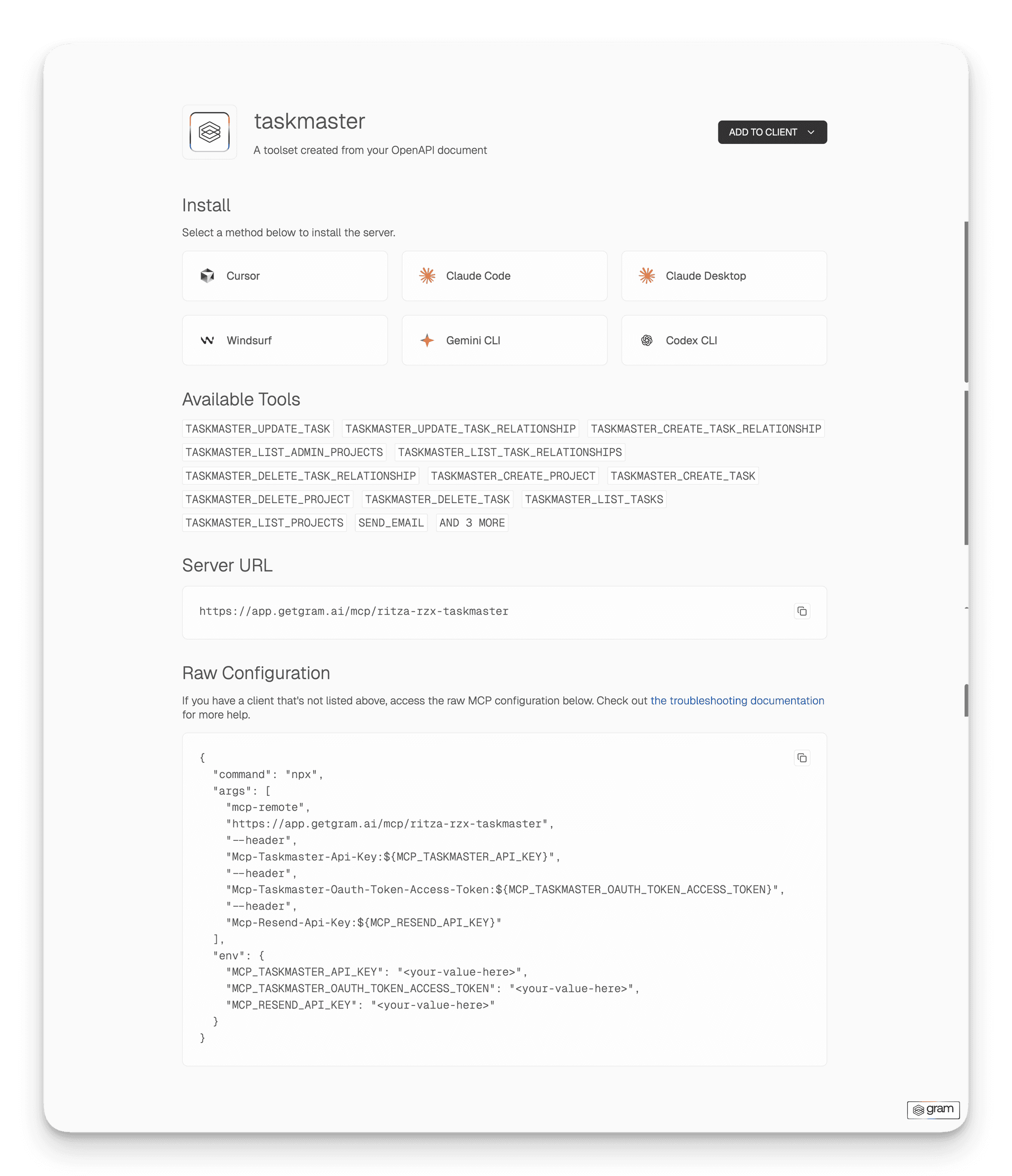 Gram MCP server installation page