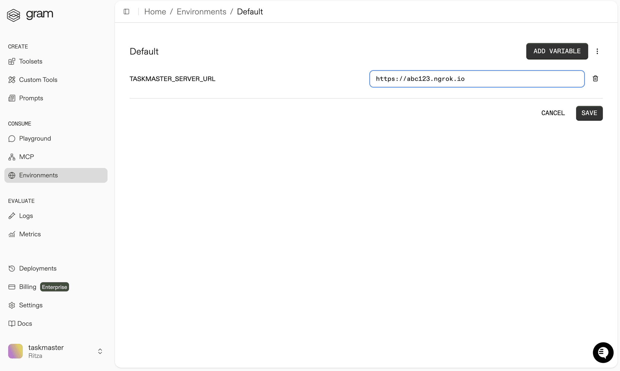 TaskBoard dialog for adding environment variables