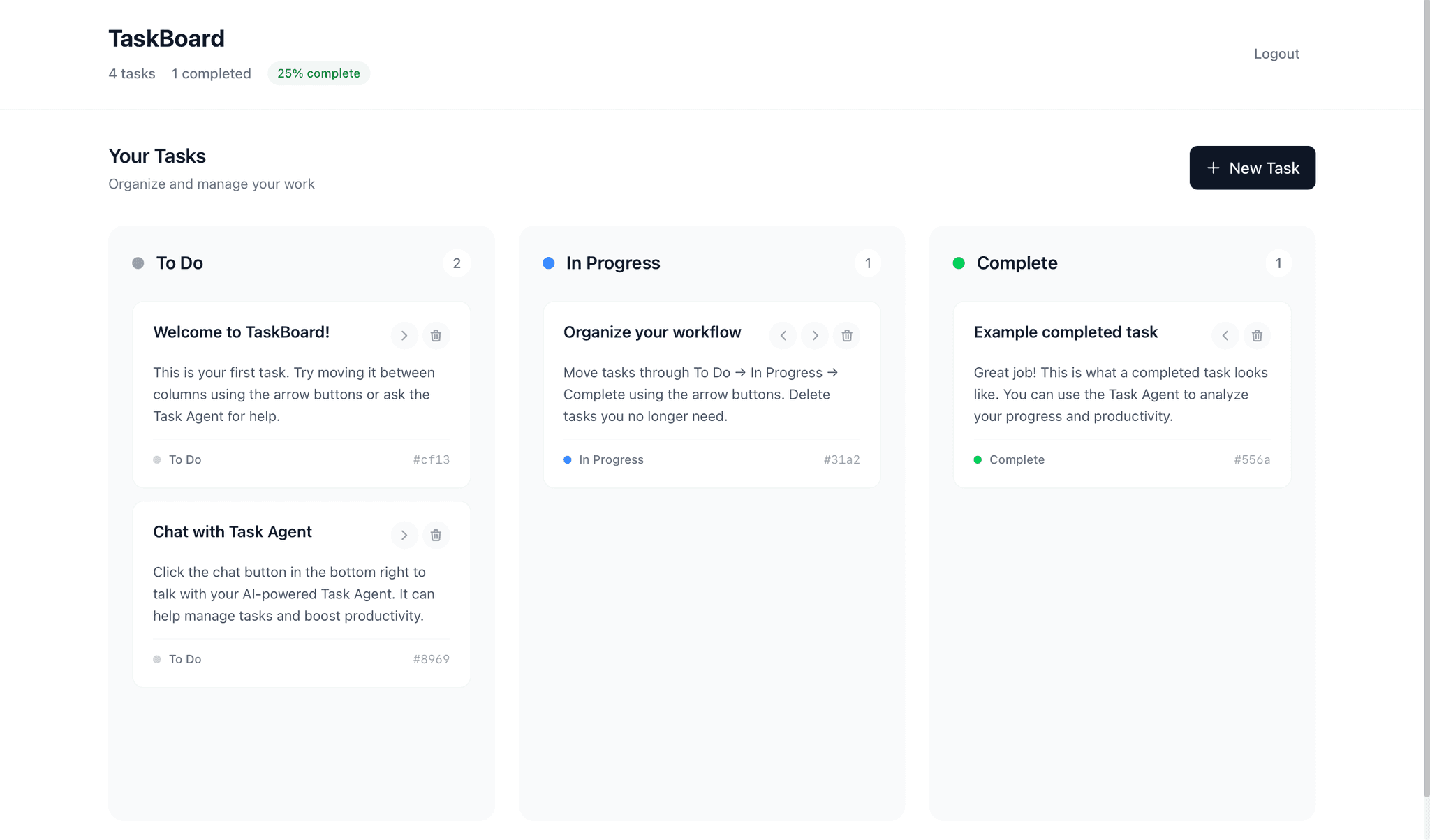 TaskBoard interface showing kanban columns with tasks that users click and drag to manage