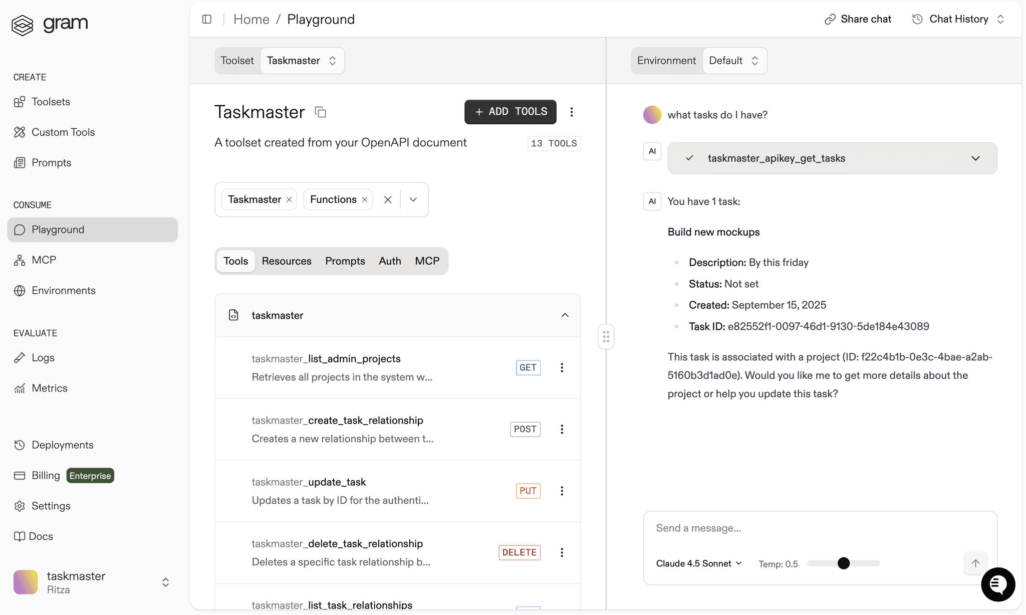 Testing the TaskBoard MCP tools in the Gram Playground