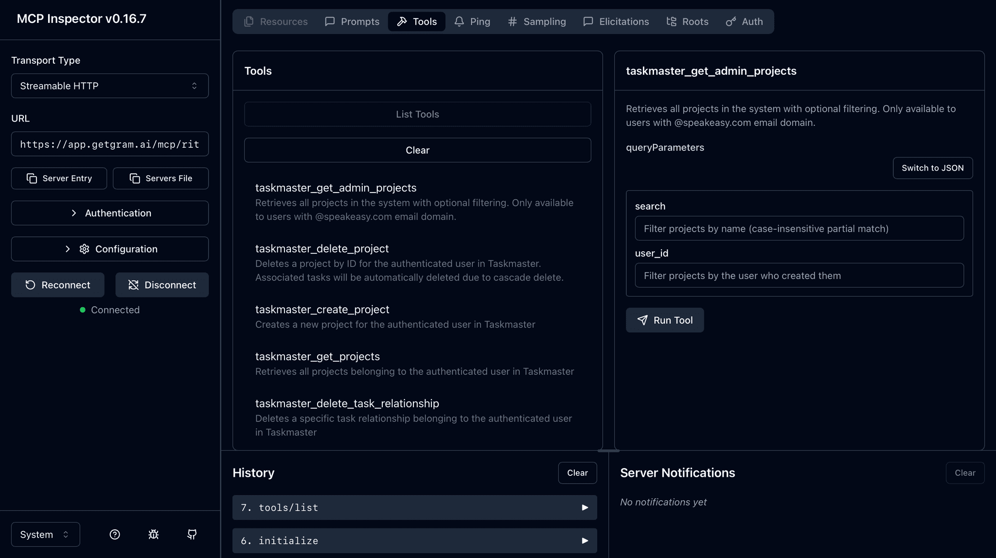 Screenshot of the MCP Inspector connecting to a Taskmaster MCP server