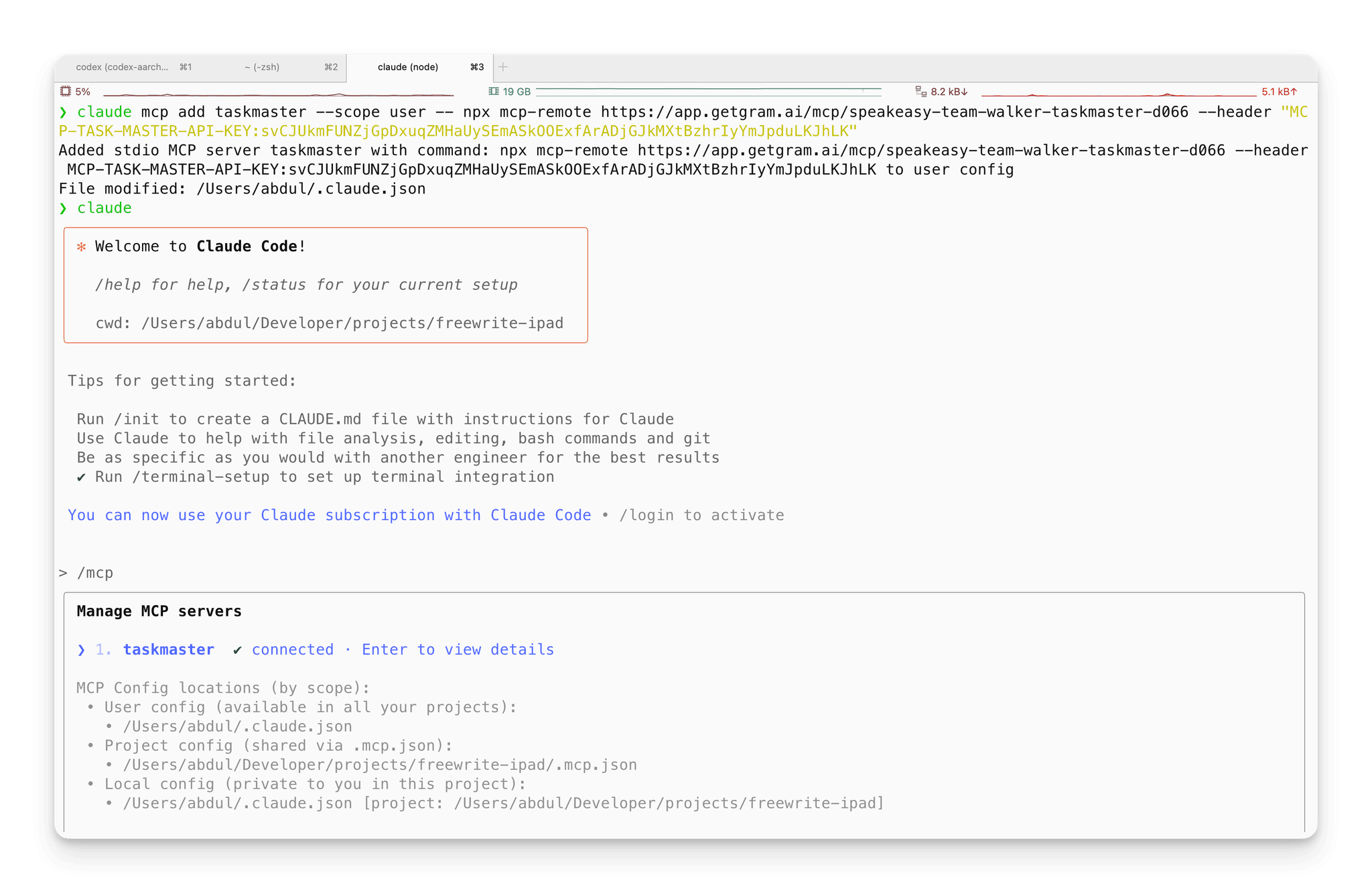 Screenshot showing the terminal output after successfully adding and configuring an MCP server in Claude Code