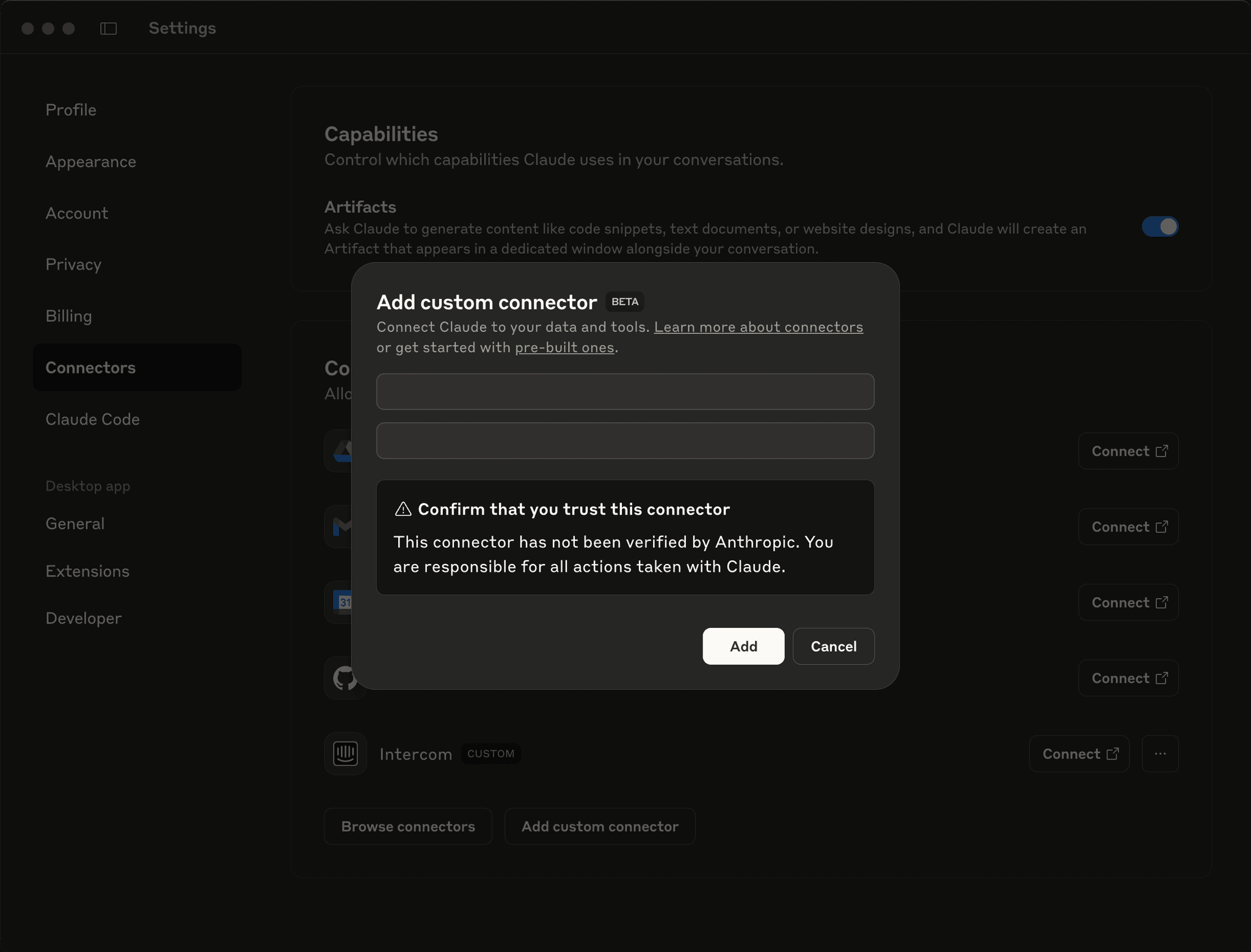 Screenshot showing the Add custom connector dialog