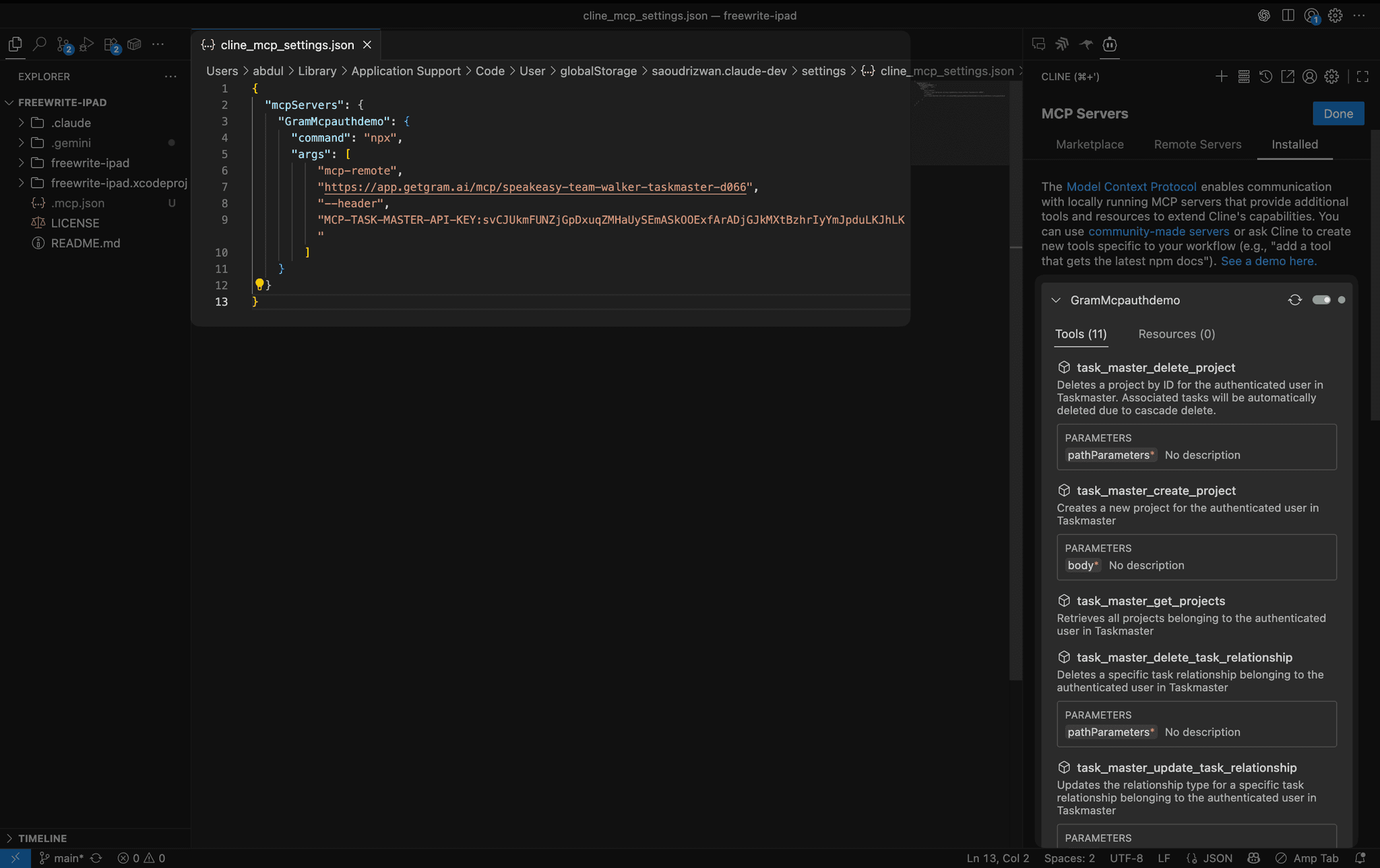 Screenshot showing the Cline MCP server list