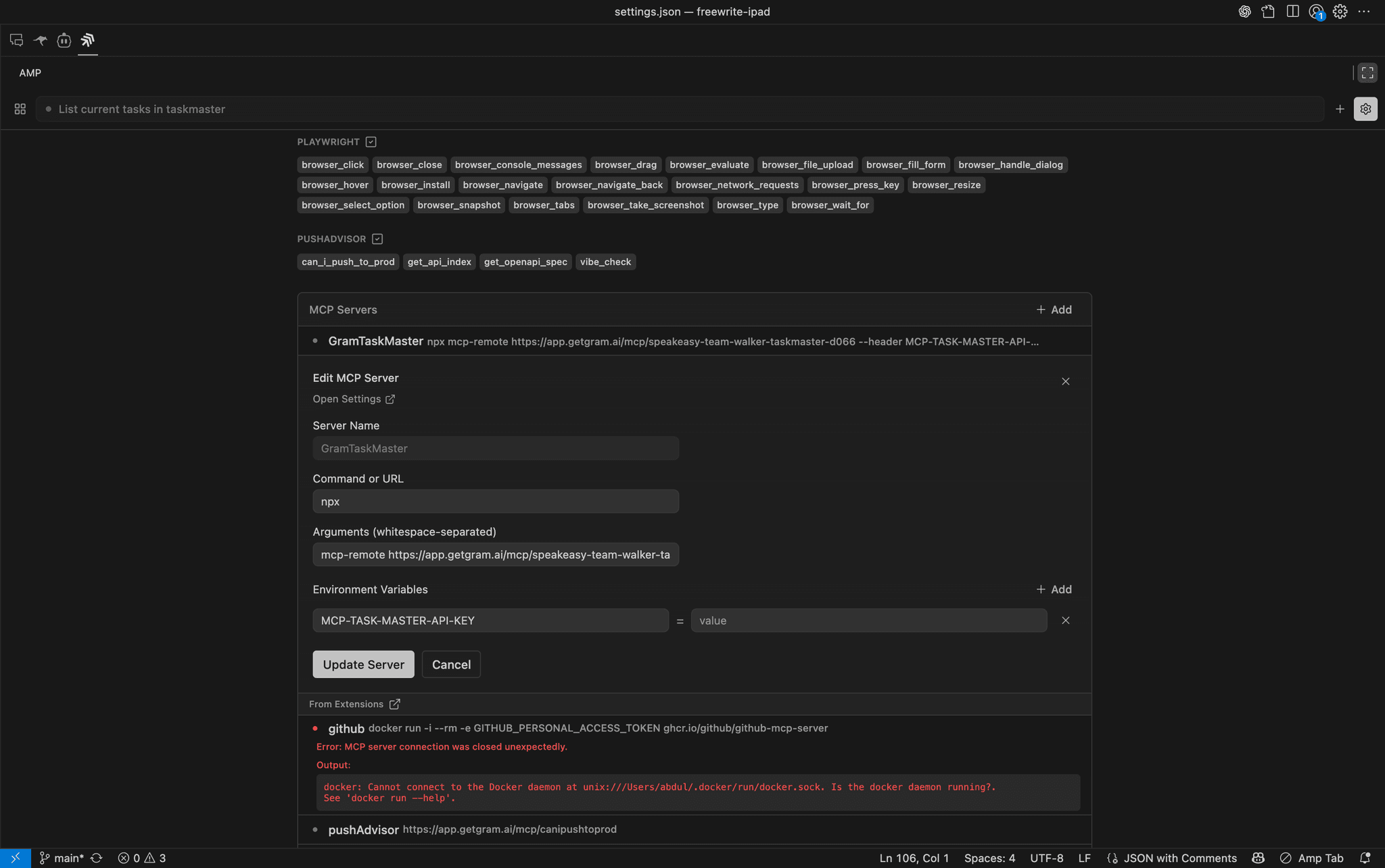 Screenshot showing the Amp MCP server configuration interface