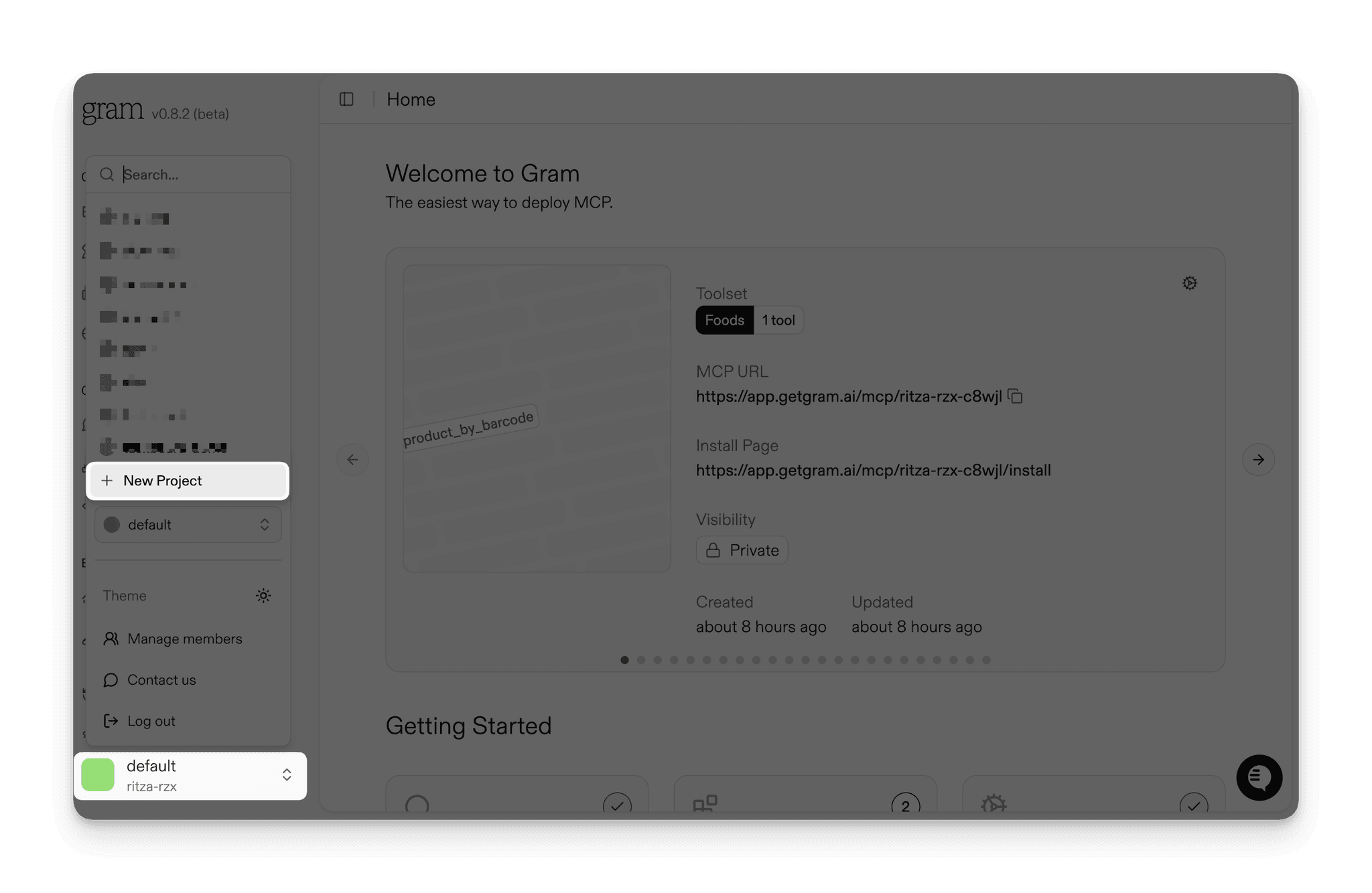 Screenshot of the Gram dashboard showing the New Project link