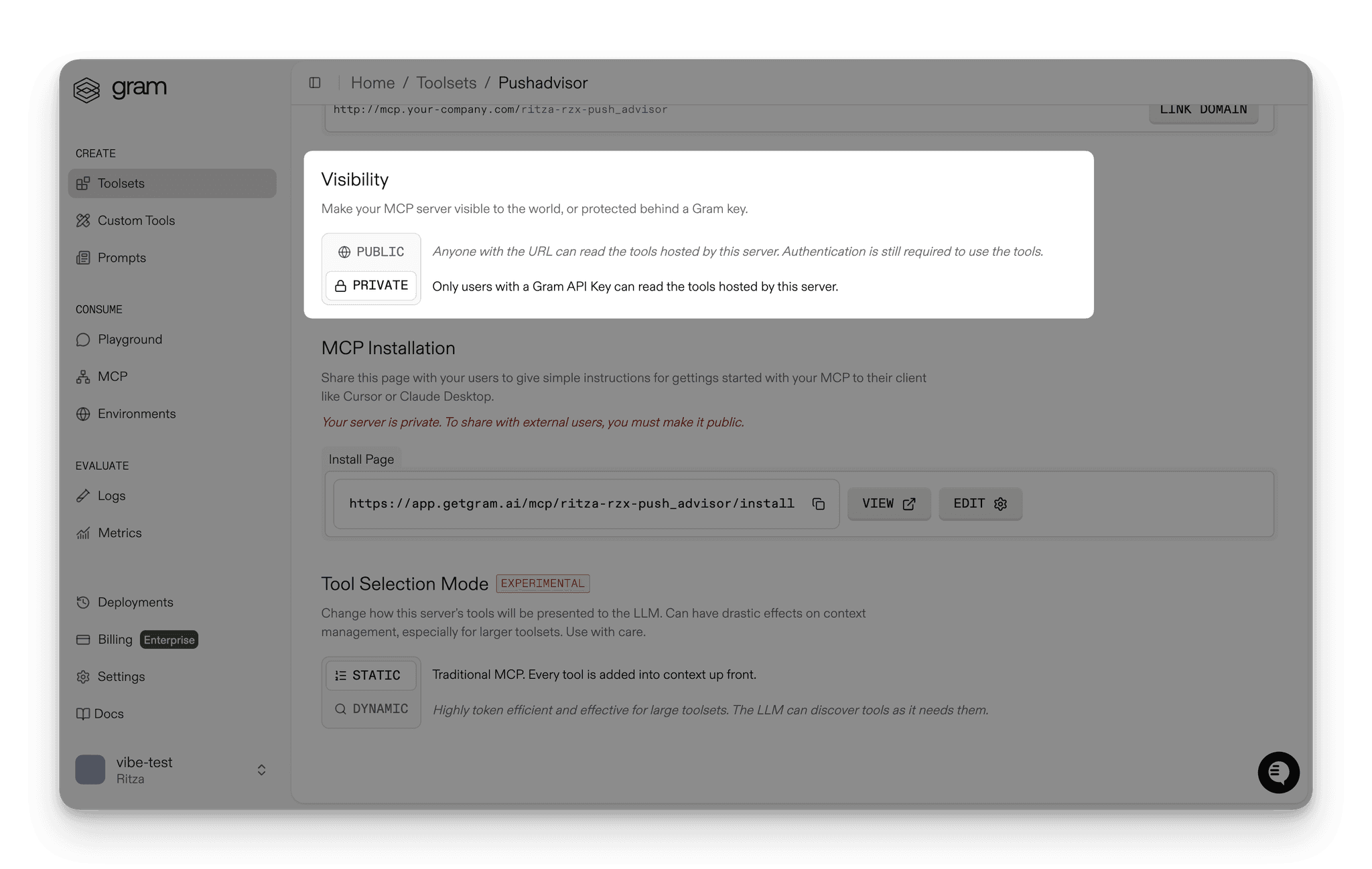 Screenshot of the MCP details page