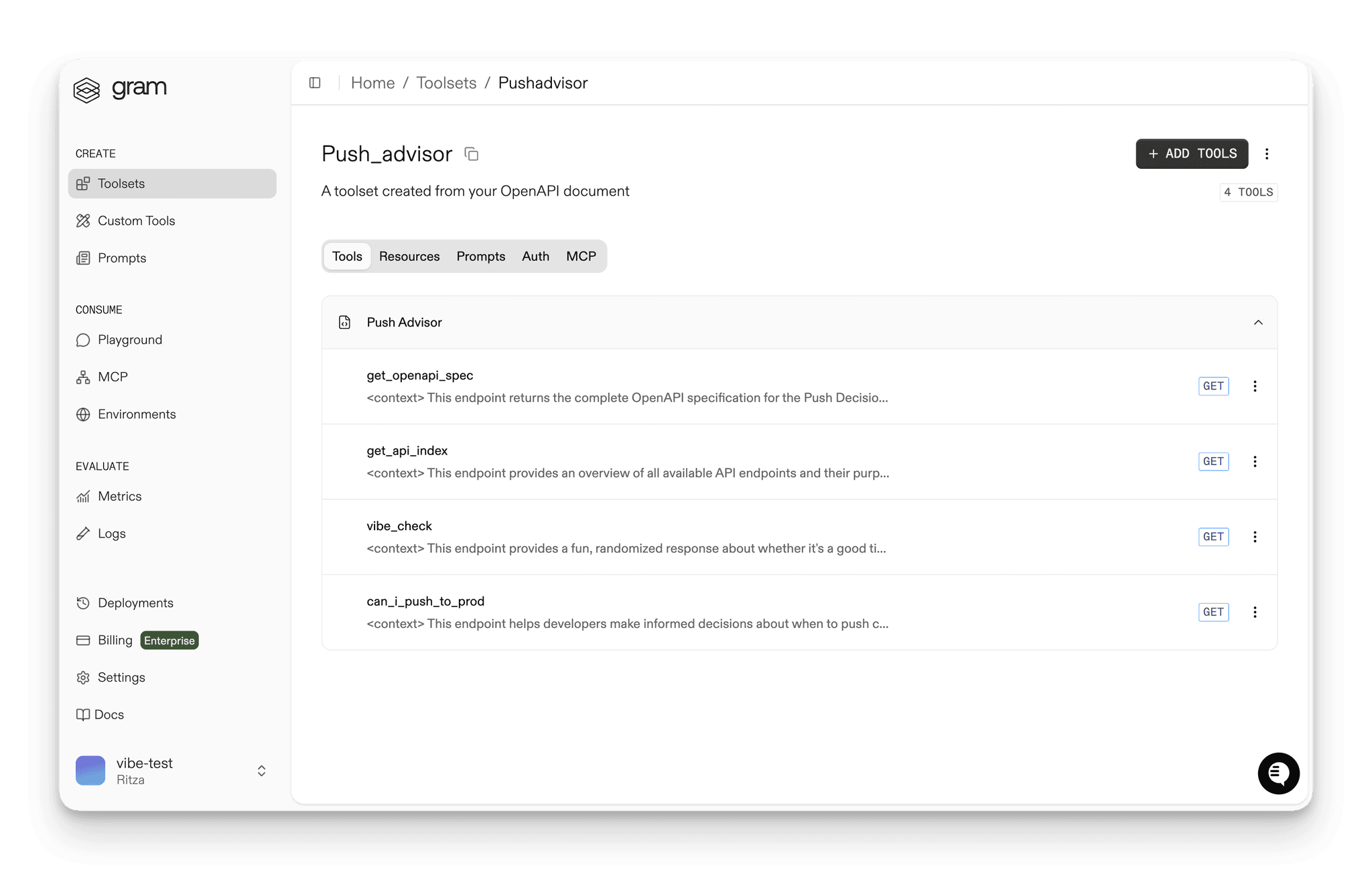 Screenshot of the Gram dashboard showing the Push Advisor toolset