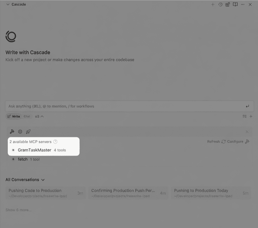 Screenshot showing the MCP server successfully installed in Windsurf