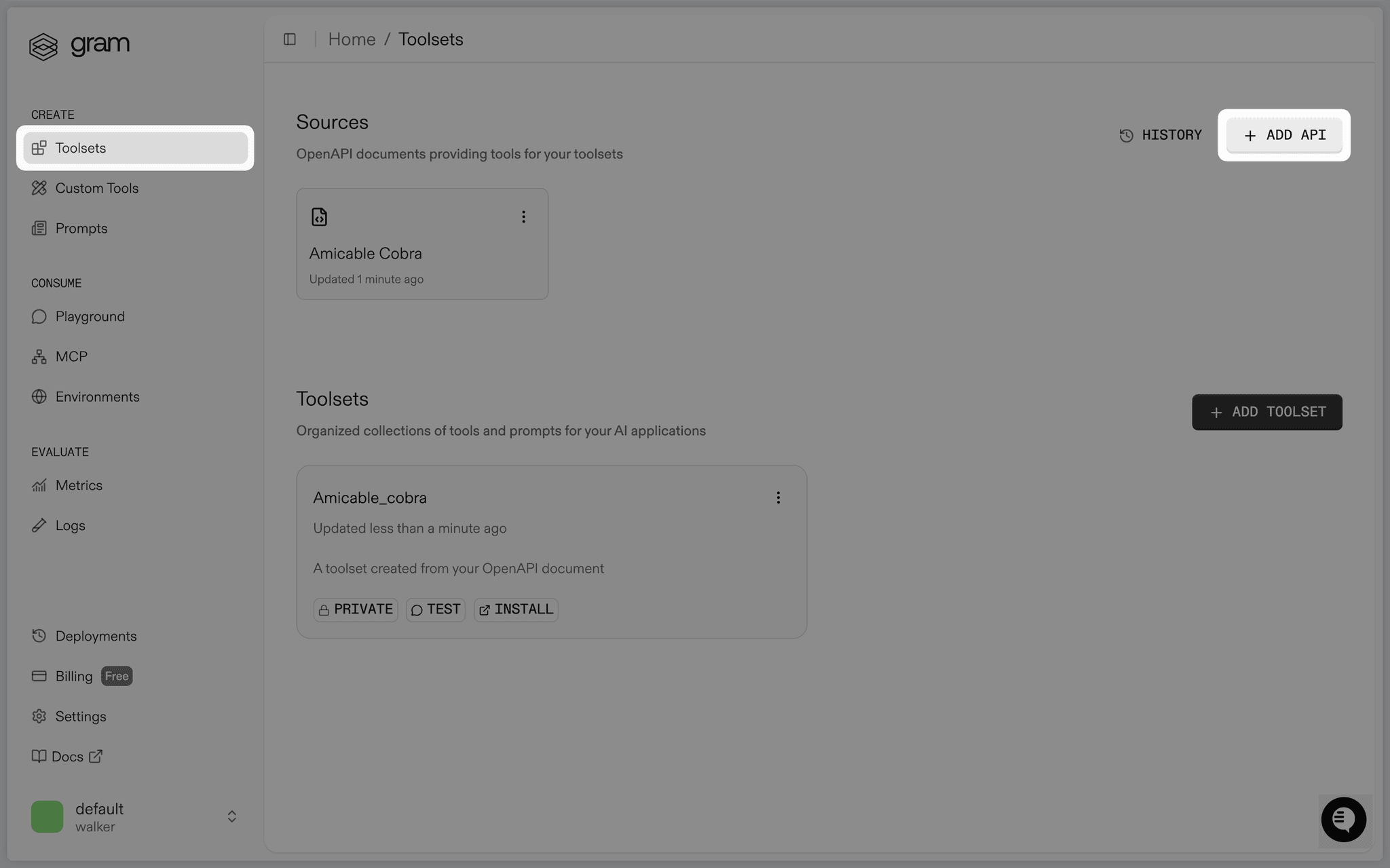 Add API from the Toolsets page in Gram