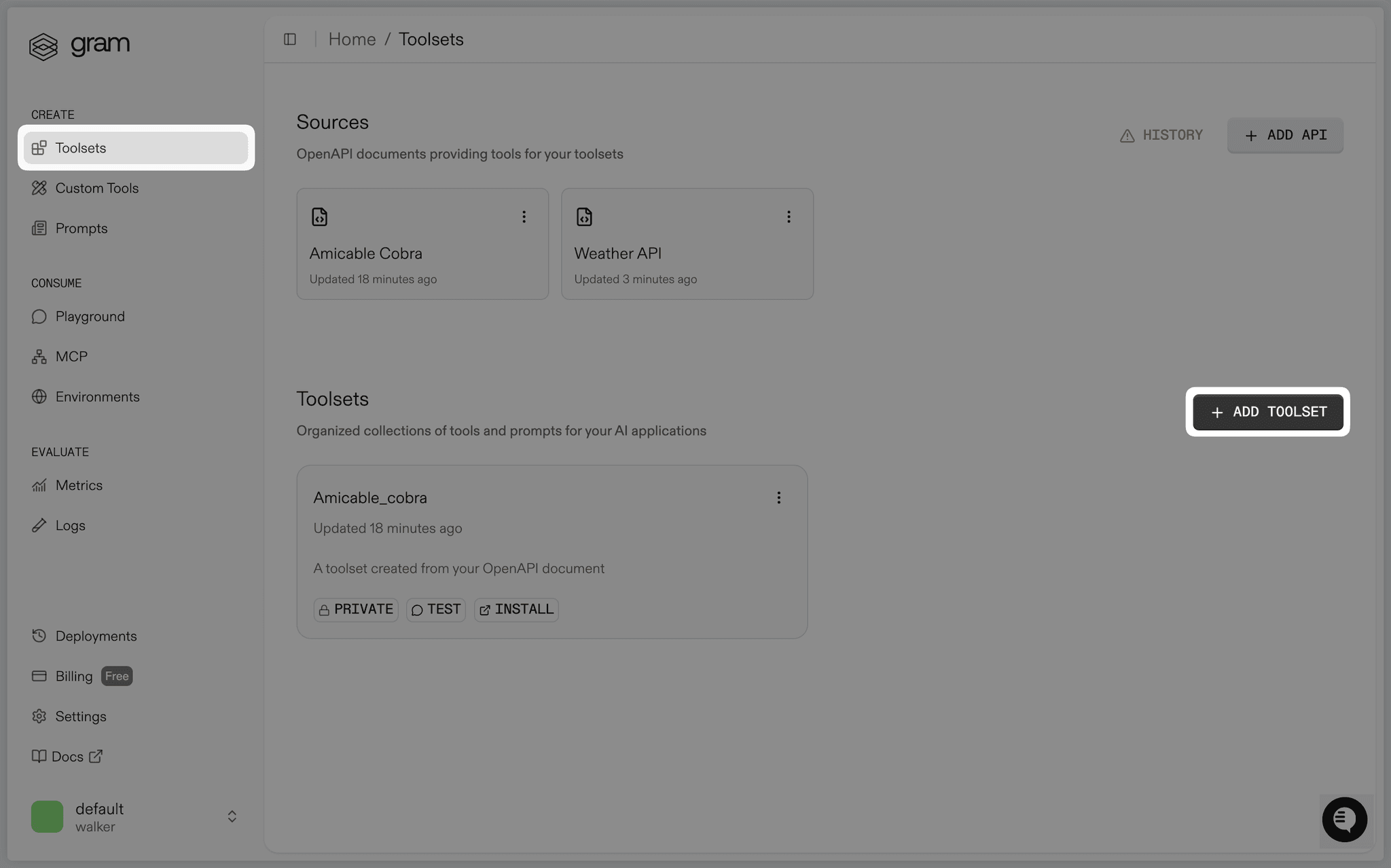 Click Add Toolset from the Toolsets page