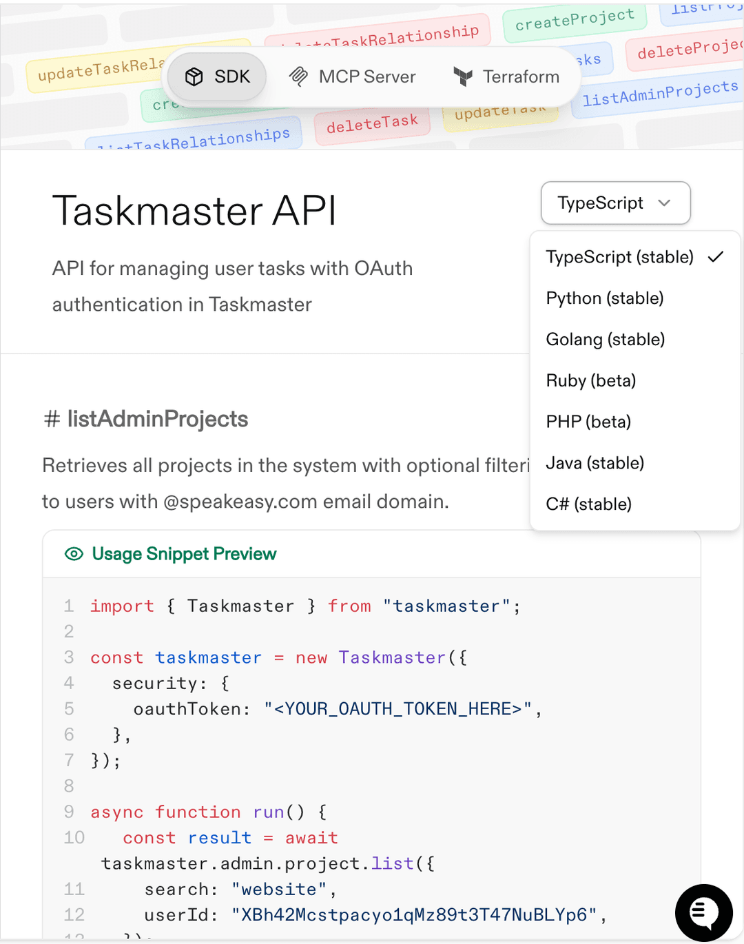 Screenshot of language selector showing TypeScript, Python, Go options