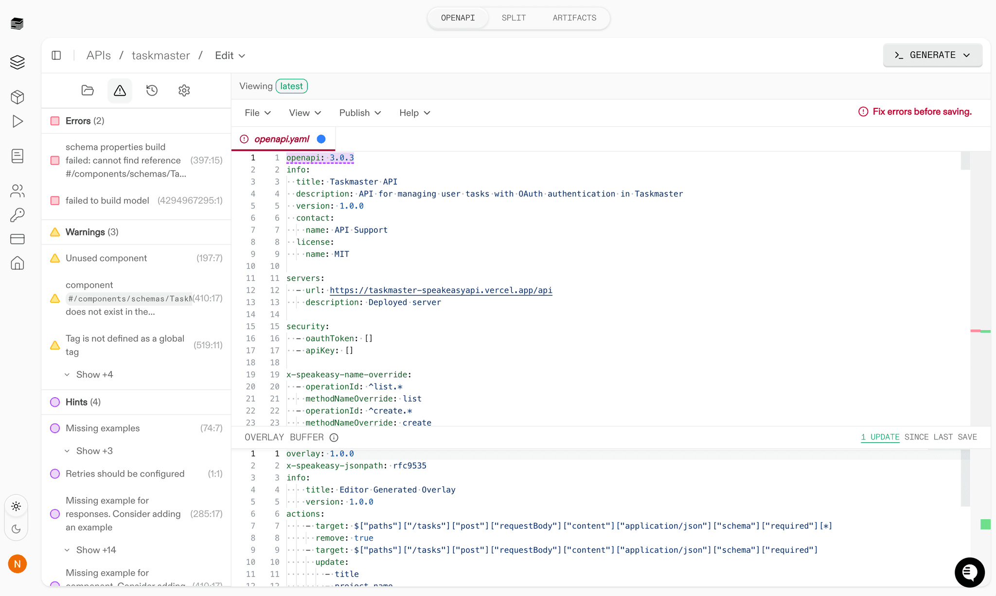 Screenshot of validation panel showing errors, warnings, and AI suggestions