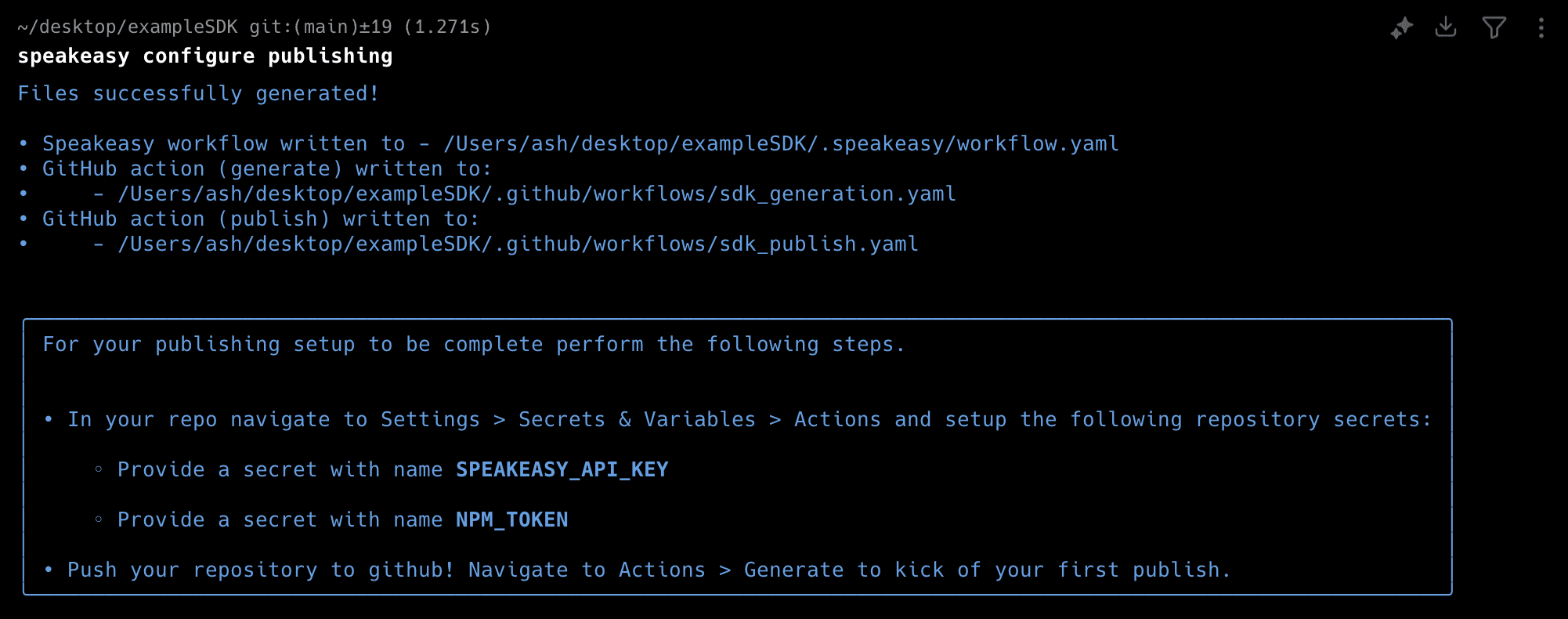 Screenshot of the terminal after running Speakeasy configure publishing.