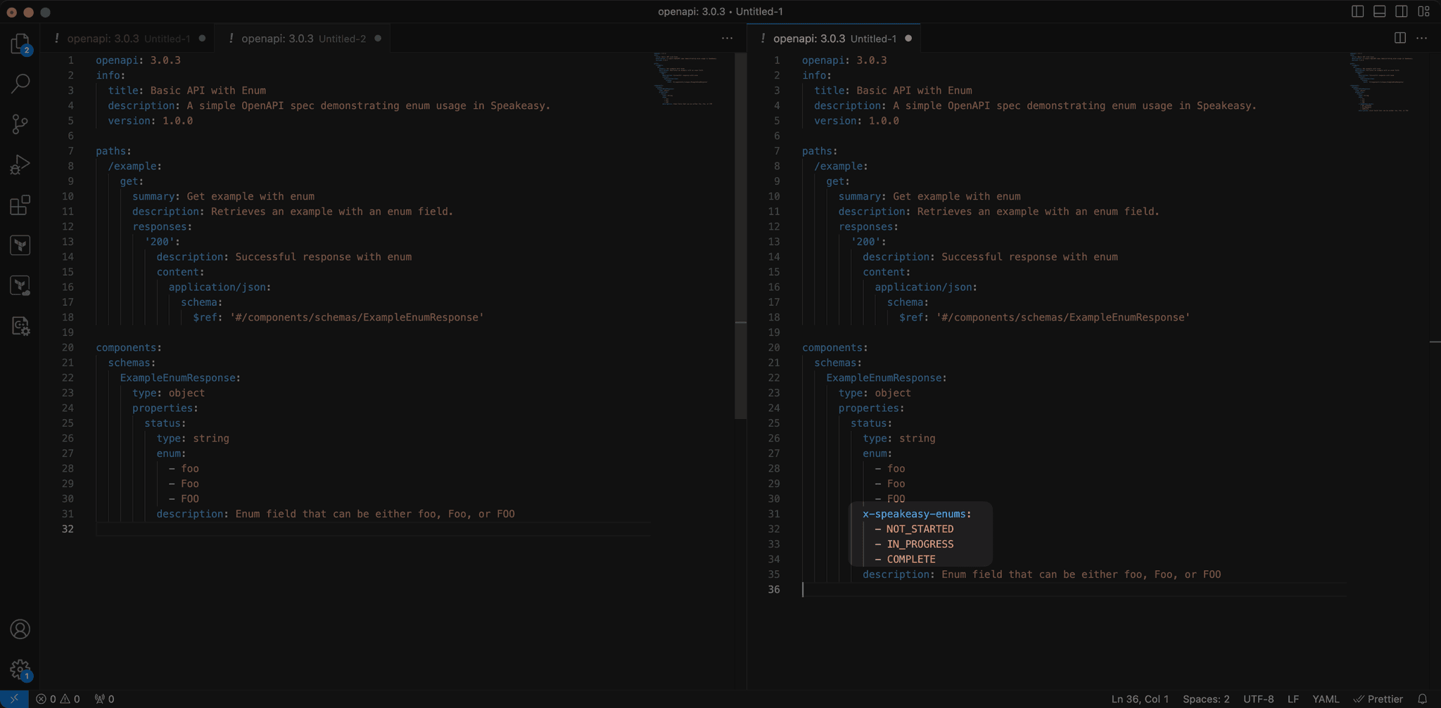 Screenshot showing a speakeasy extension in VS code editor.