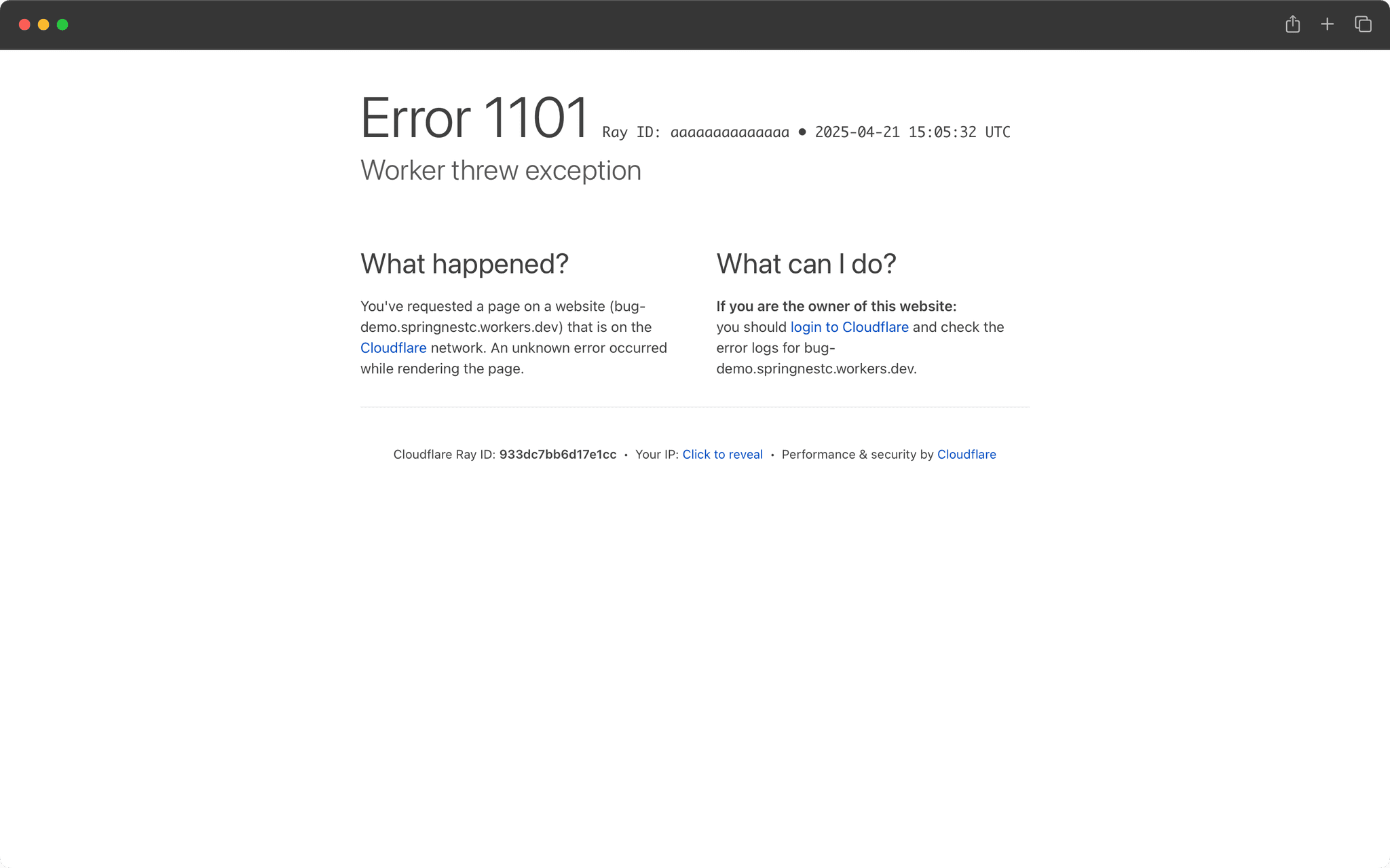 Cloudflare Worker error page displaying TypeError exception