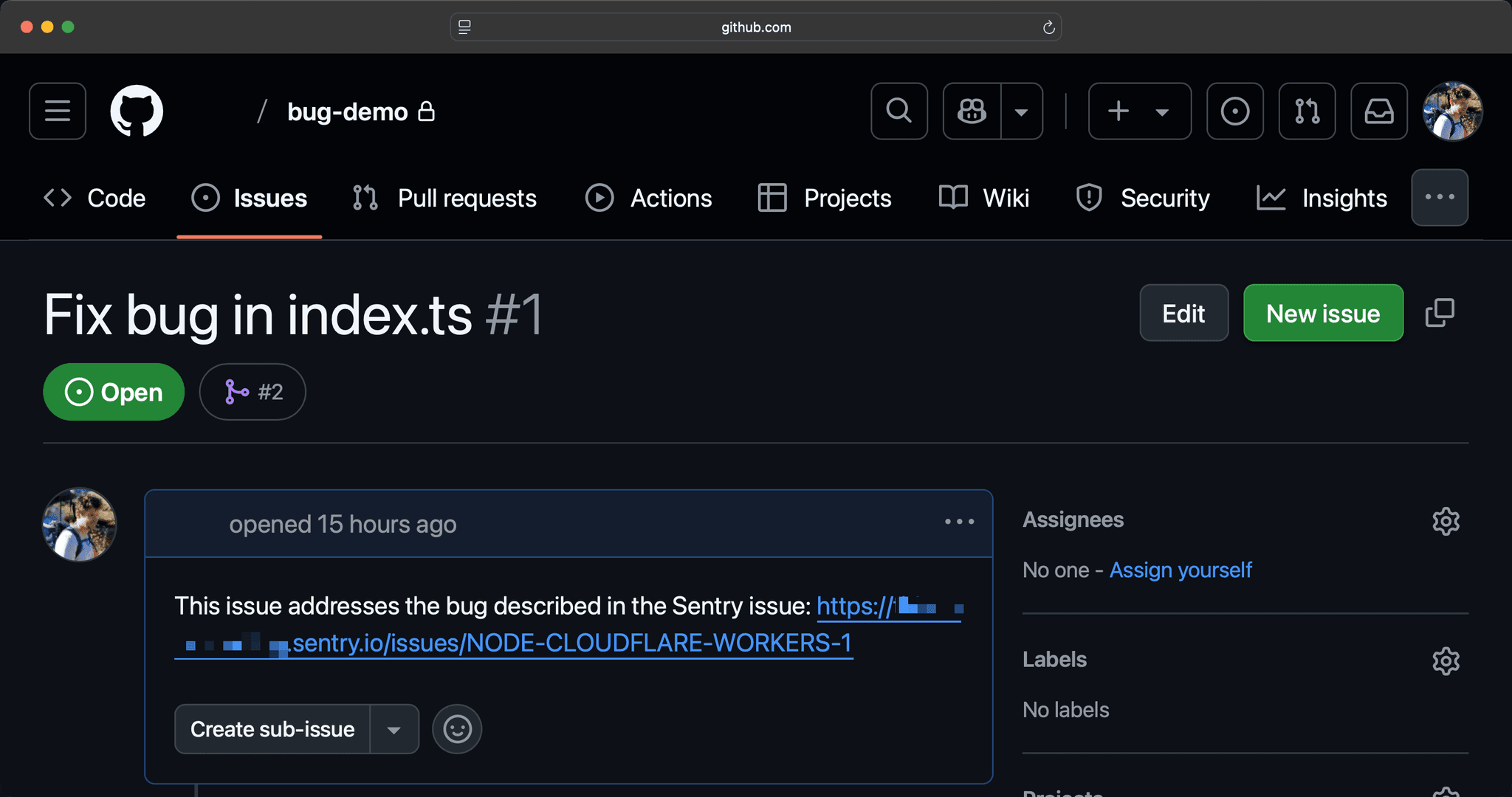 GitHub issue created about the Sentry error