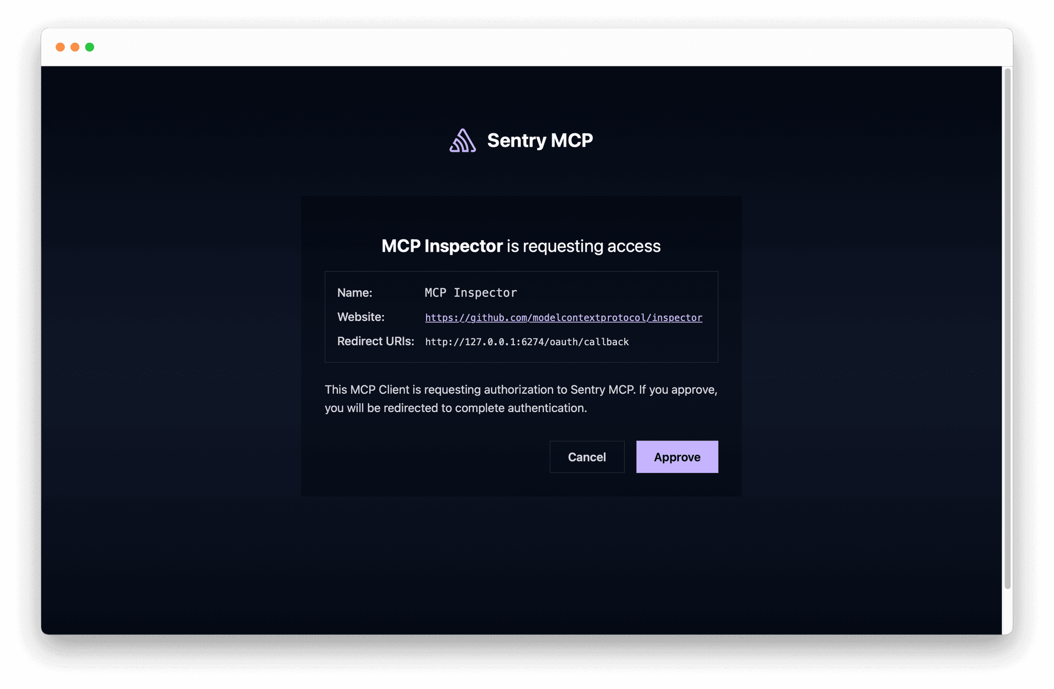 MCP server consent screen showing the client requesting access