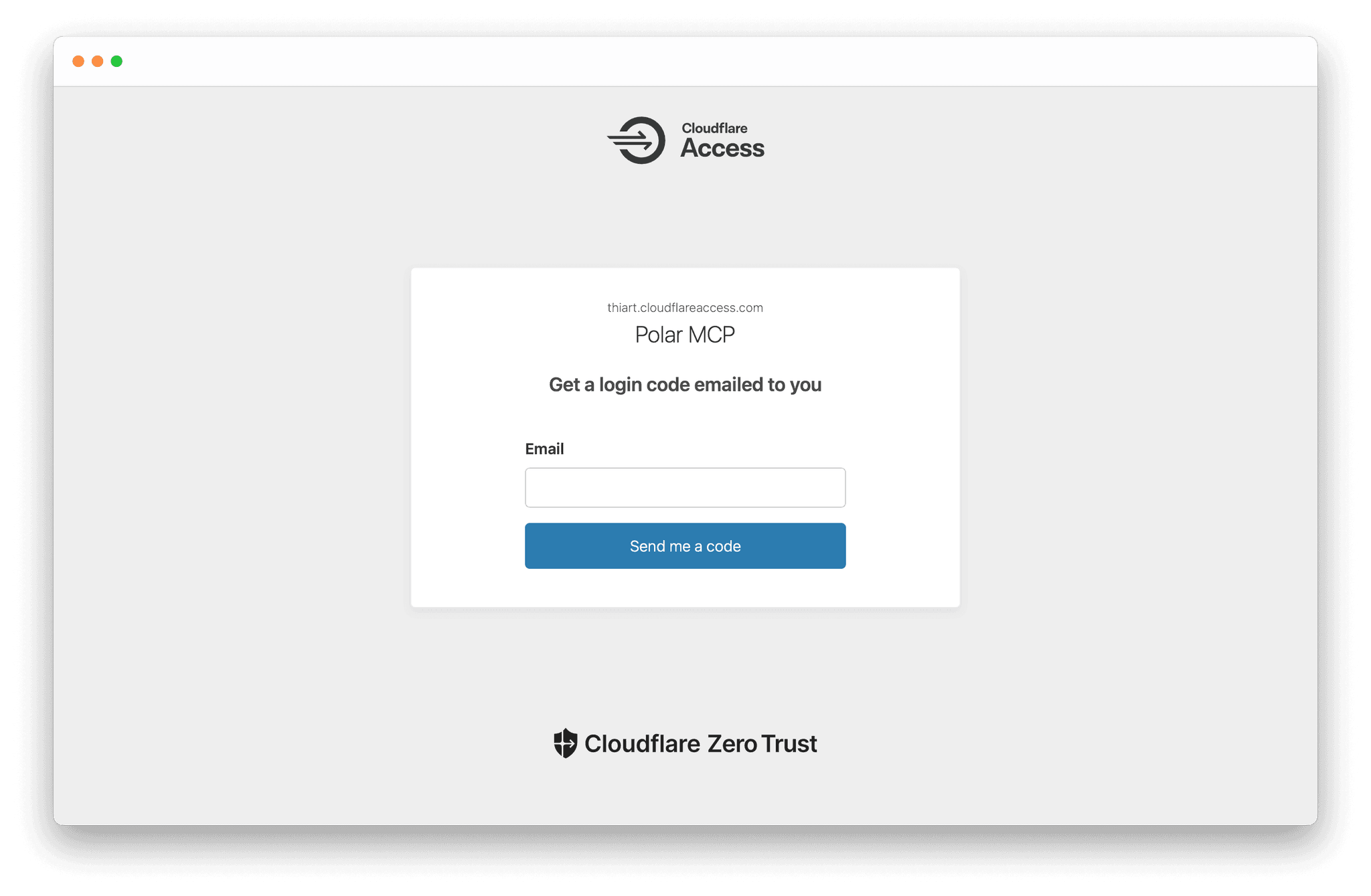 A screenshot shows the Cloudflare Access login screen with a header showing the Cloudflare Access logo. The main panel displays a form titled "Get a login code emailed to you" with an email input field and a blue "Send me a code" button. Below the form is the hostname "cloudflareaccess.com" and "Polar MCP" text. At the bottom of the screen, there's a Cloudflare Zero Trust logo.