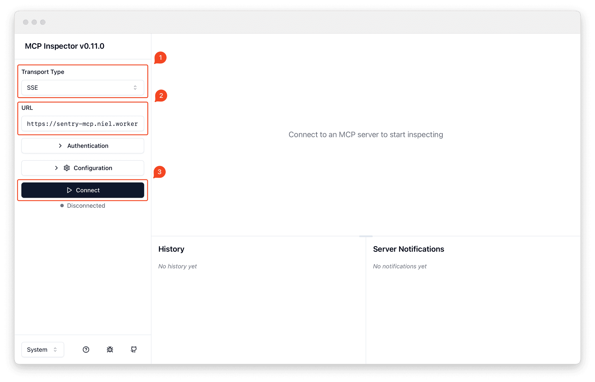 The MCP Inspector interface shows a browser-based tool for testing MCP connections. The dark-themed interface displays multiple panels: a left sidebar with connection options showing SSE transport selected and a server URL field, a main content area showing connection status as Pending, and a right panel with request/response details. The inspector appears ready to establish a connection to test a remote MCP server, with status indicators and connection controls prominently displayed.