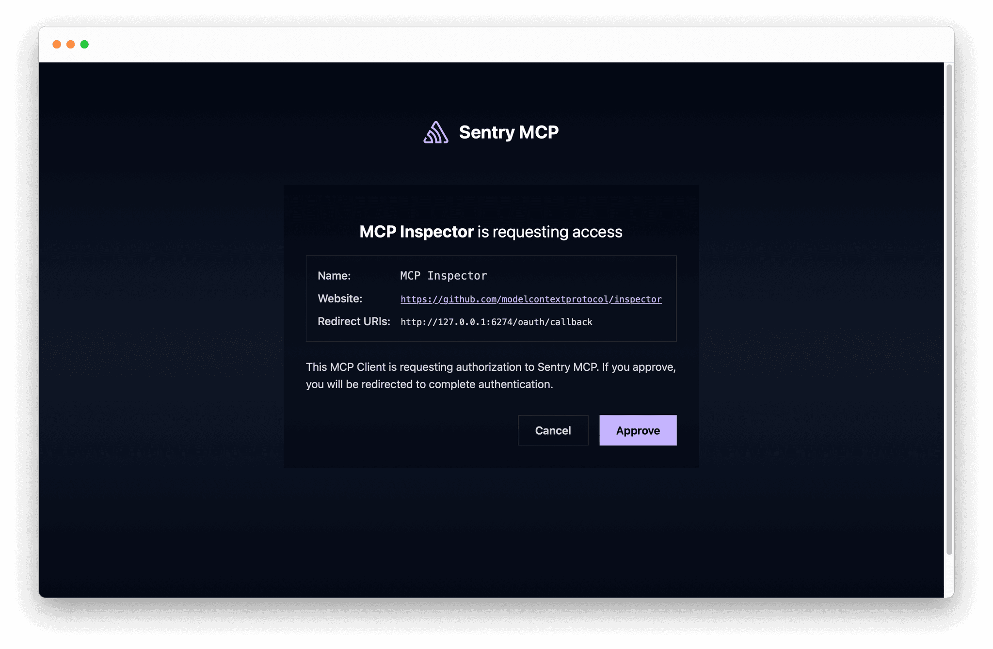 The Sentry MCP OAuth authorization dialog is open in a browser window. It displays the Sentry MCP logo and title at the top, followed by a box stating MCP Inspector is requesting access. Inside the box, details are shown: Name MCP Inspector, Website https://github.com/modelcontextprotocol/inspector, Redirect URIs http://127.0.0.1/oauth/callback. Below, a message explains that the MCP Client is requesting authorization to Sentry MCP and that approval will redirect to complete authentication. Two buttons are at the bottom: Cancel and Approve, with Approve highlighted in light purple.