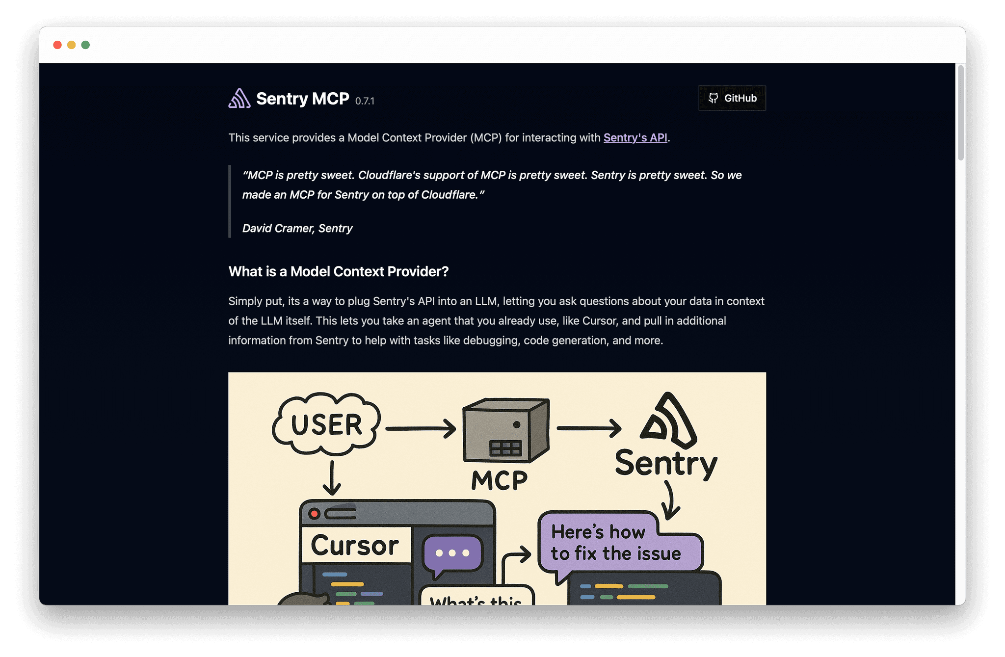 Screenshot of the Sentry MCP web interface with a dark-themed background. The header displays the Sentry MCP logo, version 0.7.1, and a GitHub button in the top right. The main content introduces Sentry MCP as a Model Context Provider for interacting with the Sentry API. A highlighted quote from David Cramer reads: MCP is pretty sweet. Cloudflare's support of MCP is pretty sweet. Sentry is pretty sweet. So we made an MCP for Sentry on top of Cloudflare. Below, a section titled What is a Model Context Provider explains it as a way to plug the Sentry API into an LLM, enabling users to ask questions about their data in context. A simple diagram illustrates the flow between User, MCP, Sentry, and Cursor, with speech bubbles showing how the system helps fix issues. The overall tone is professional and informative, designed to welcome developers and provide clear guidance.