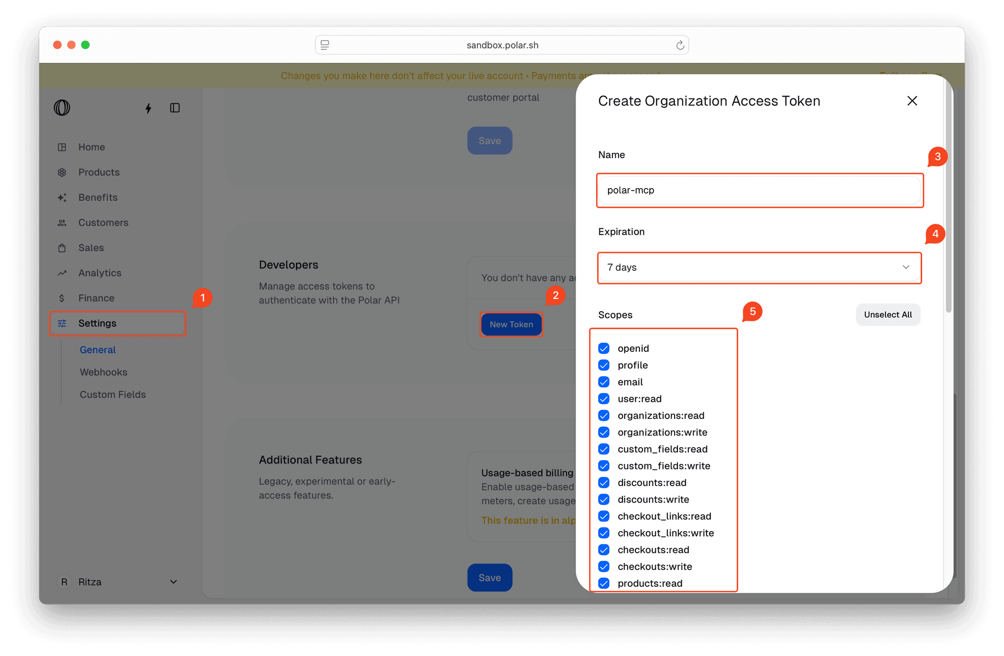 A screenshot of the Polar web interface shows the Create Organization Access Token dialog, which contains fields for Name, Expiration, and Scopes. The Name field is filled with polar-mcp. Expiration is set to 7 days. The Scopes section lists multiple permissions, each with a checkbox, including openid, profile, email, user, organizations, organizations, custom_fields, custom_fields, discounts, discounts, checkout_links, checkout_links, checkouts, checkouts, and products. All checkboxes are selected. The wider interface shows a sidebar with navigation options such as Home, Products, Benefits, Customers, Sales, Analytics, Finance, and Settings, with Settings highlighted.