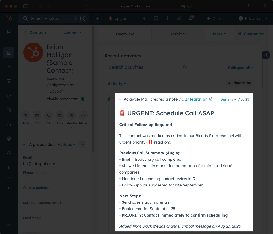 HubSpot contact record with updated notes