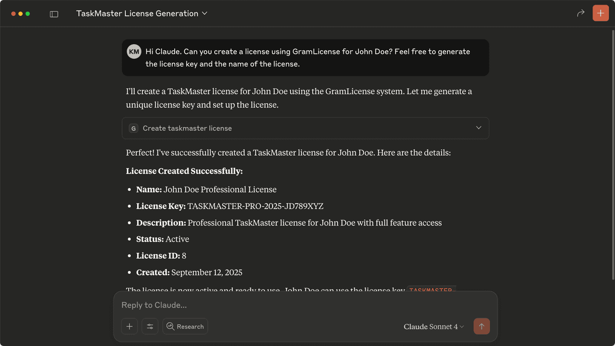 Create a license in Claude Desktop