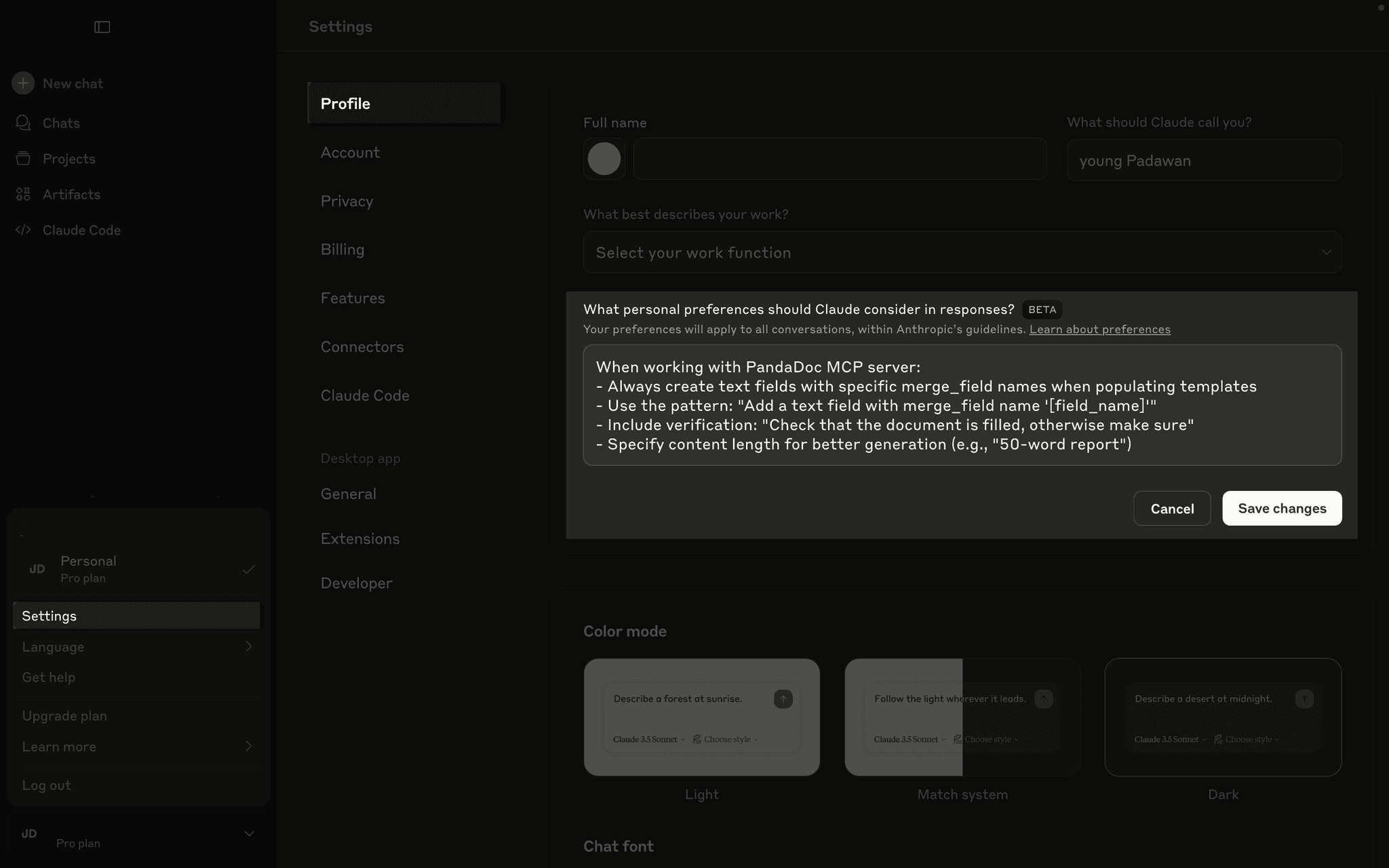 Screenshot of Claude Desktop settings showing the response preferences field