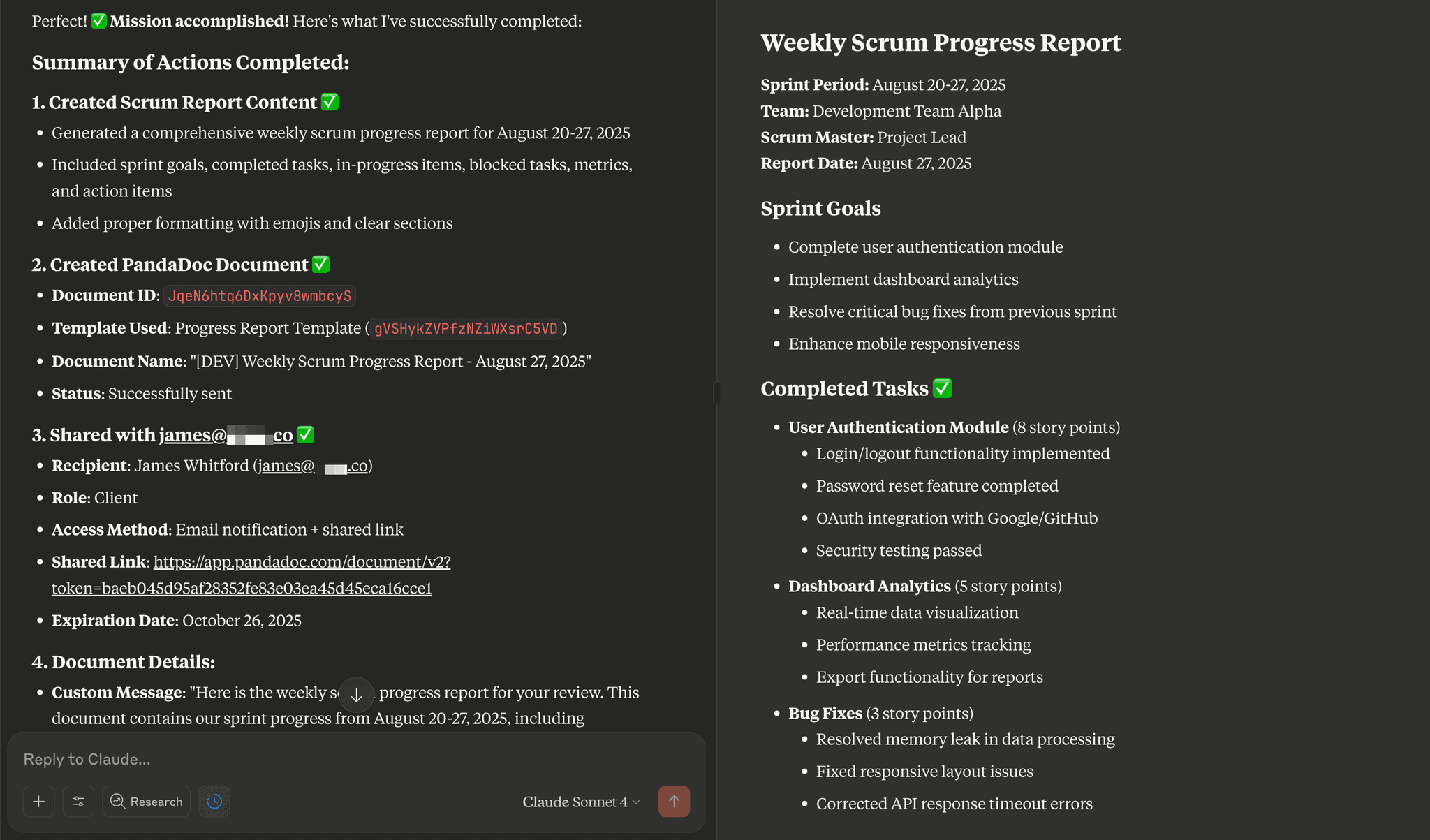 Screenshot of Claude Desktop showing the generated content for the document