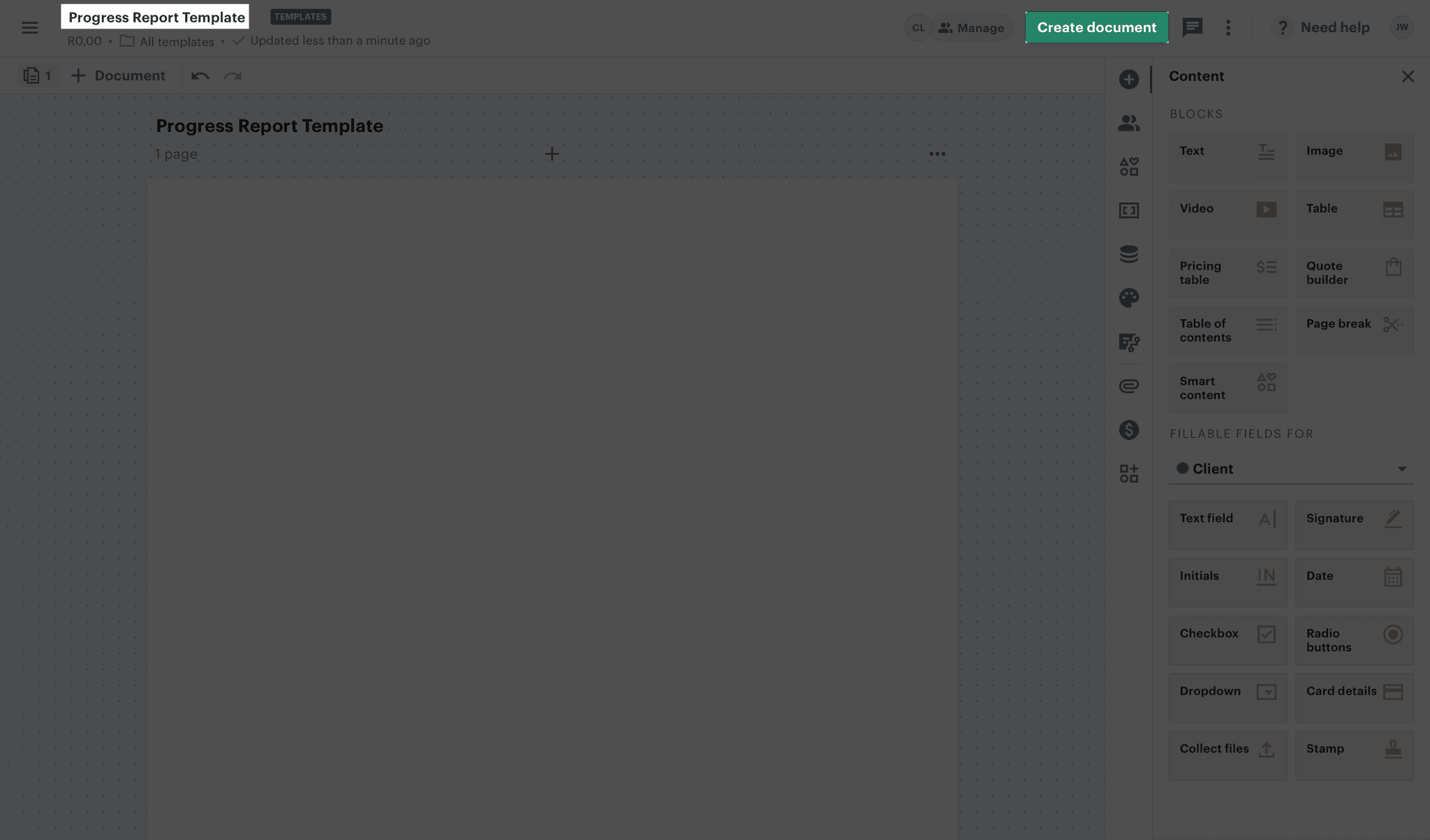 Screenshot of the PandaDoc dashboard highlighting the template name and "Create document" button