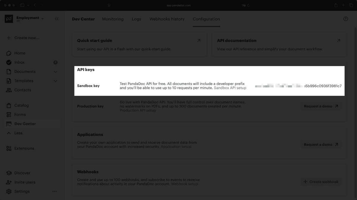 Screenshot of PandaDoc settings showing where to copy the generated Sandbox key