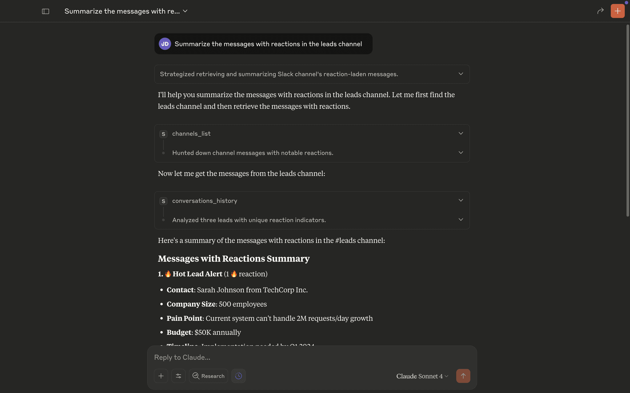 Slack messages with reactions displayed in Claude