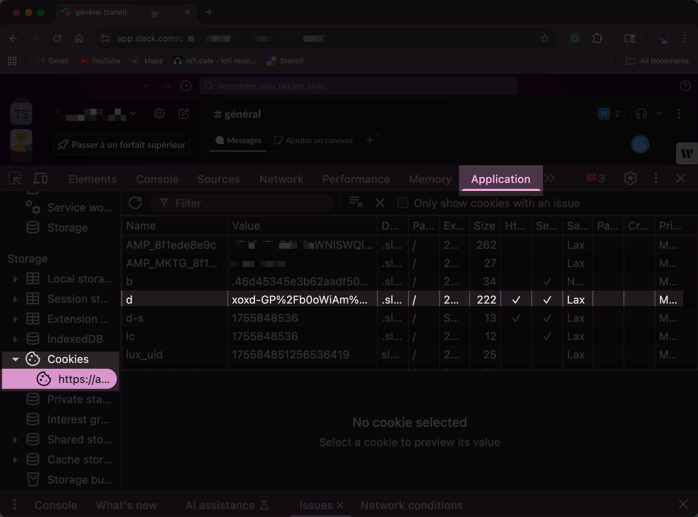 Developer tools cookies panel showing how to locate and copy the Slack xoxd authentication token
