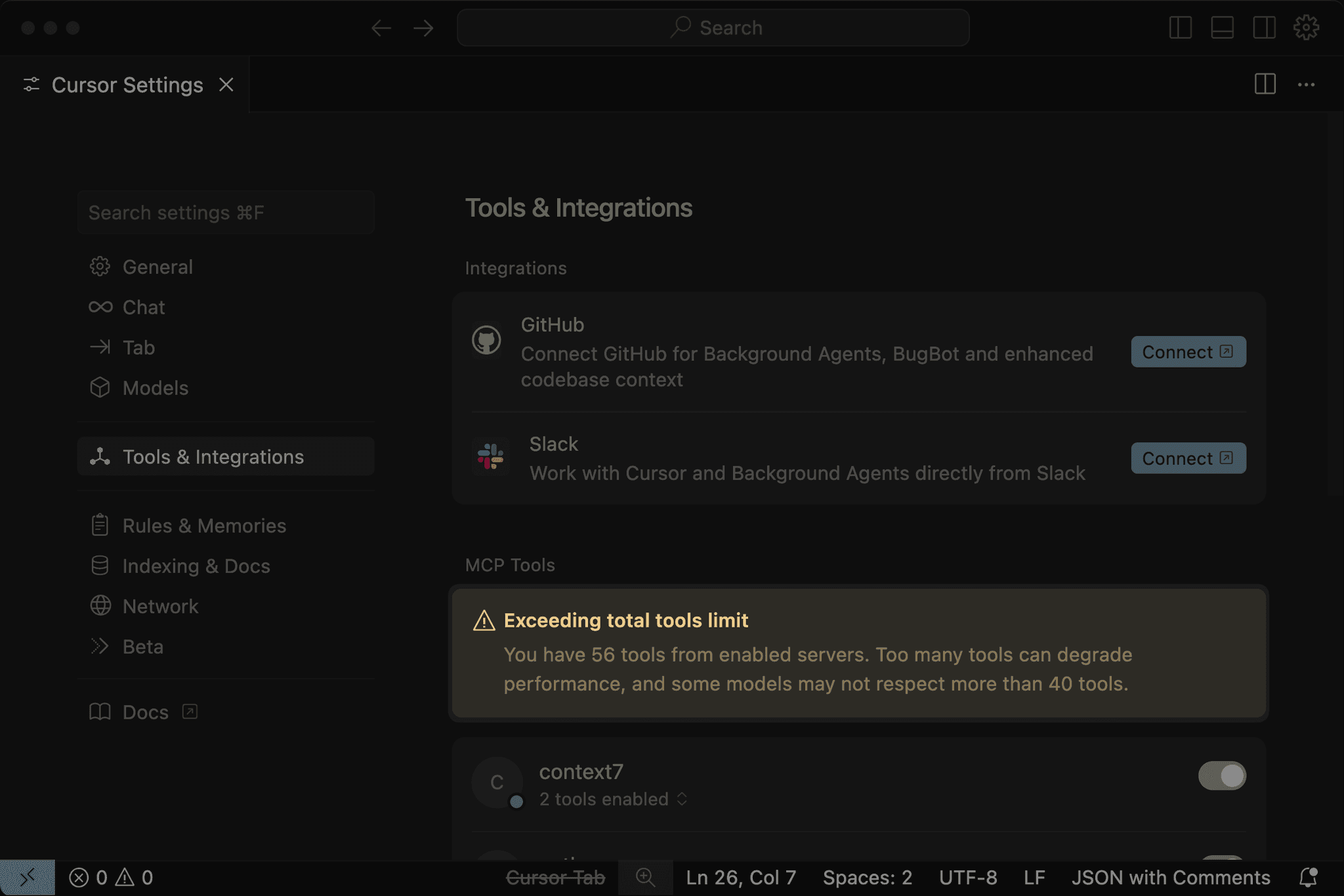 A screenshot of the Cursor Settings interface shows a warning about exceeding the total tools limit, which is quoted below.
