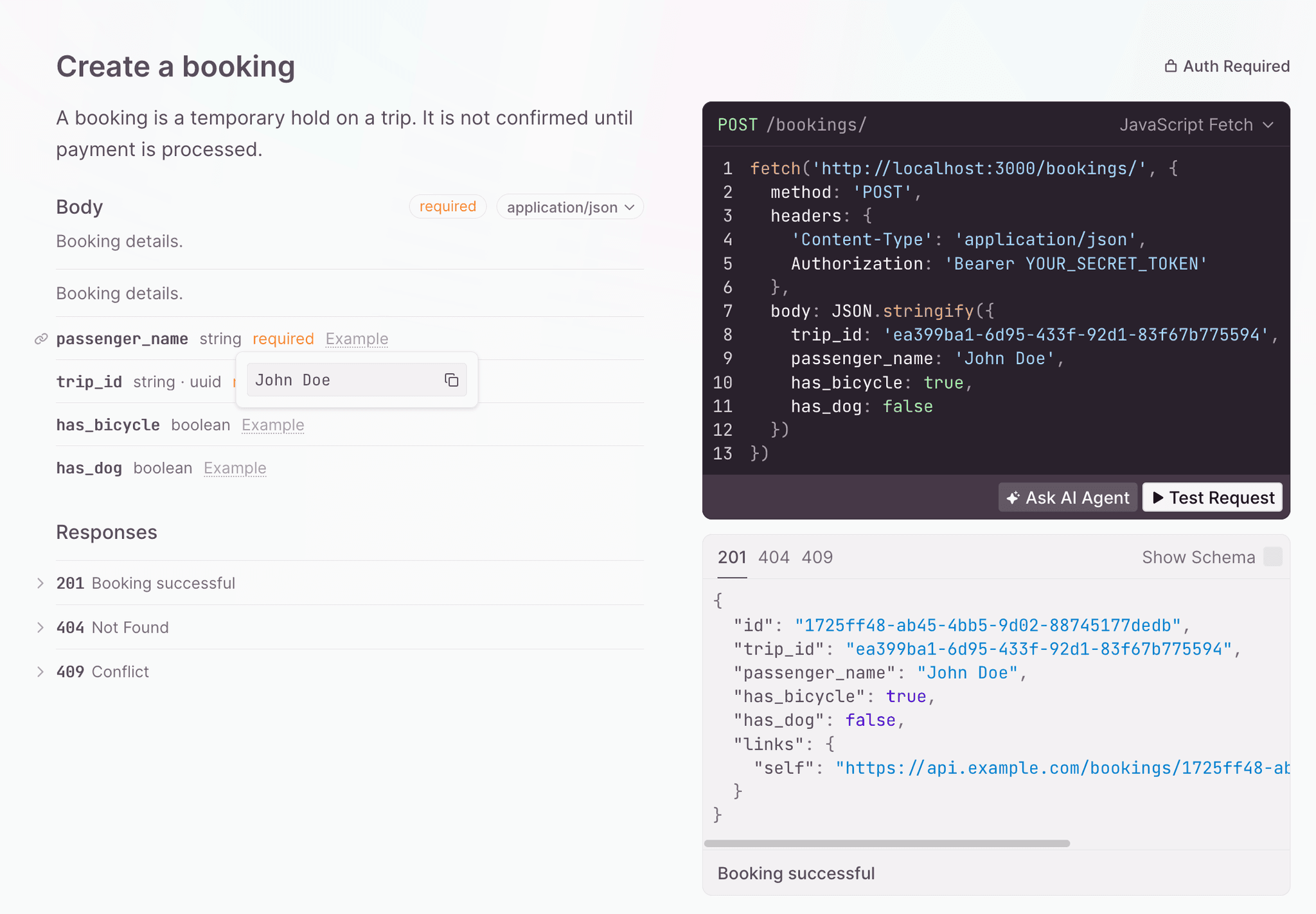 Example values in booking model
