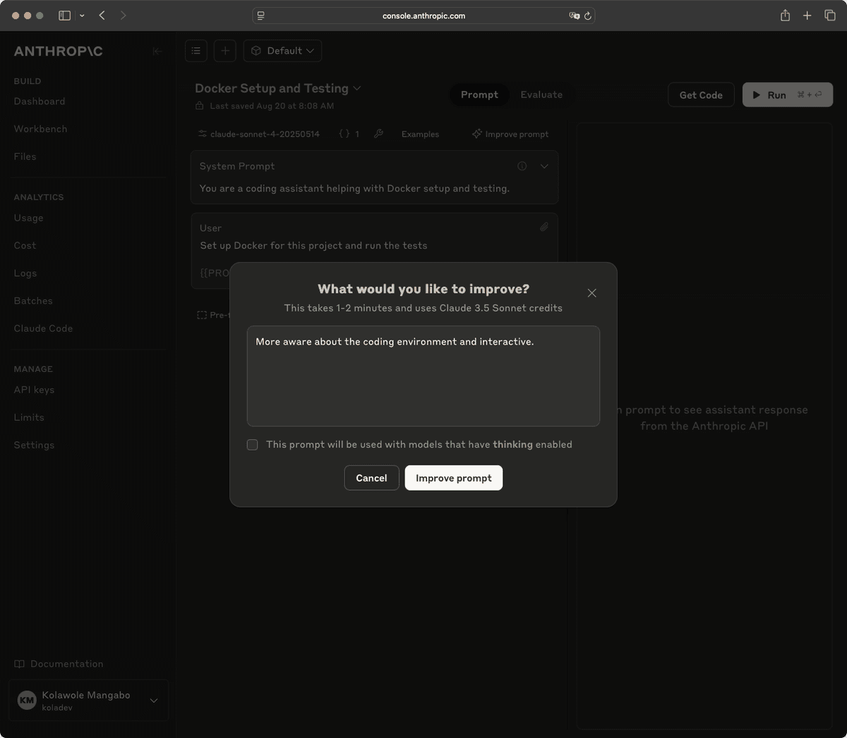 Anthropic improve prompt modal asking for improvement requirements