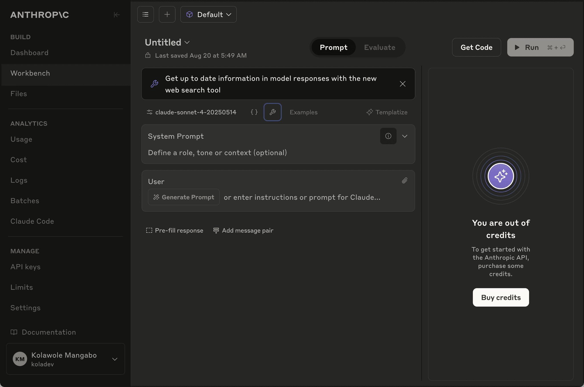 Anthropic workbench interface for prompt optimization and testing
