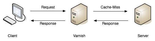 A sequence diagram showing a Client, Cache Proxy, and Server. A web request travels from client to proxy, then is sent on to the server, showing a "cache miss". The response then travels back from the server to the cache proxy, and then is sent to the client