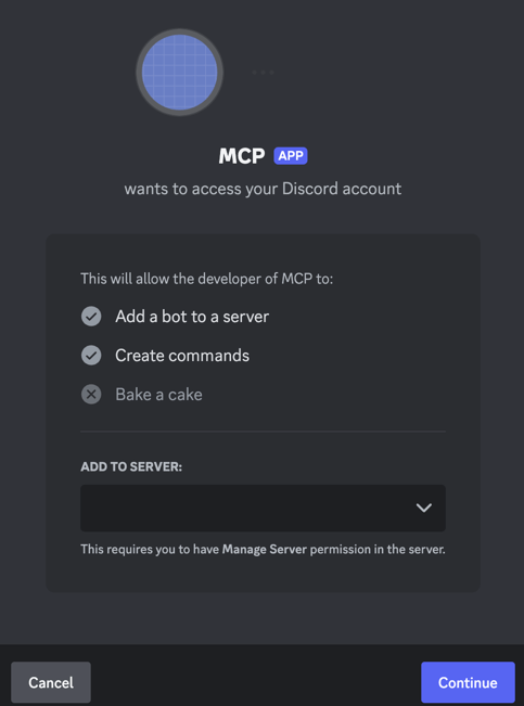 Discord developer portal showing the bot authorization page