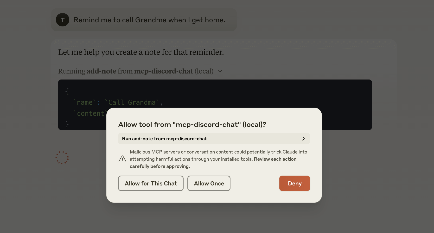Claude.app showing the permission dialog for the Discord MCP Server