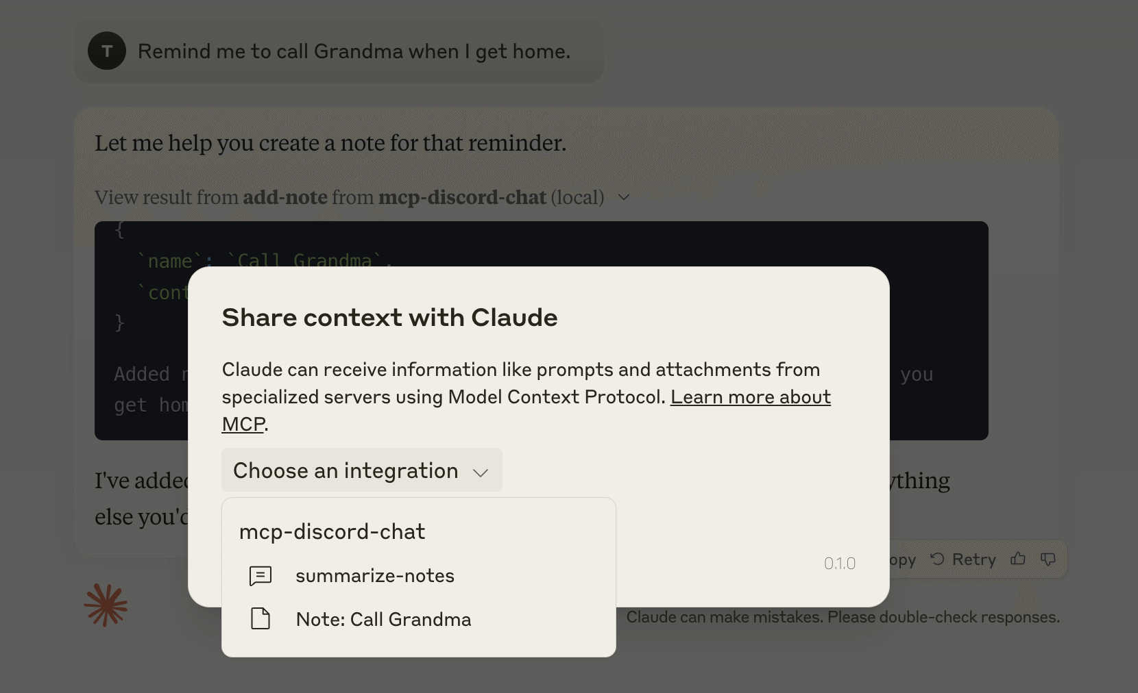 Claude.app showing the Share context with Claude dialog with the summarize_notes integration selected