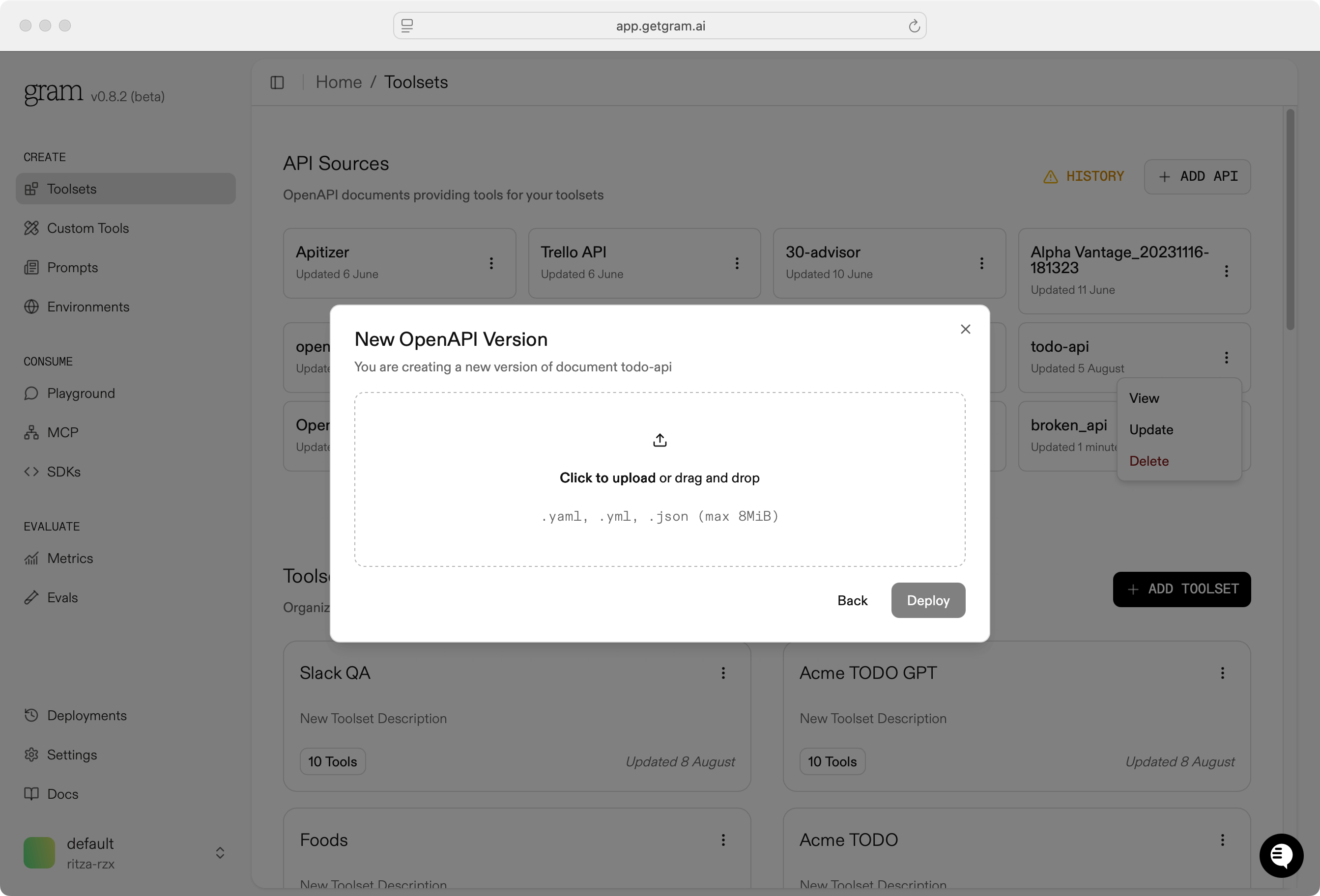 Screenshot of the Gram UI showing the API Source update process