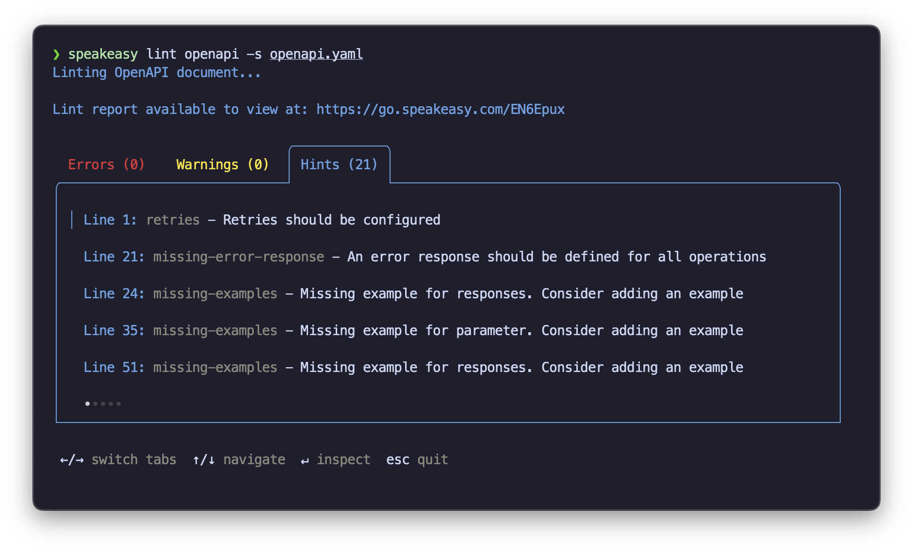 Screenshot of a terminal showing output from the Speakeasy CLI lint command