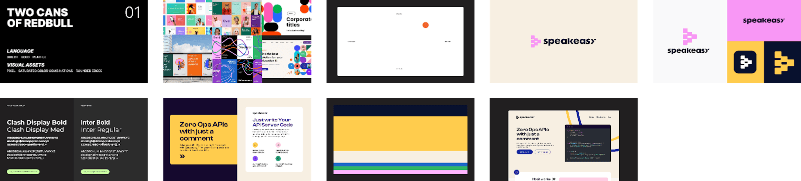 Fifth variations of different web pages with different colors and designs for Speakeasy.