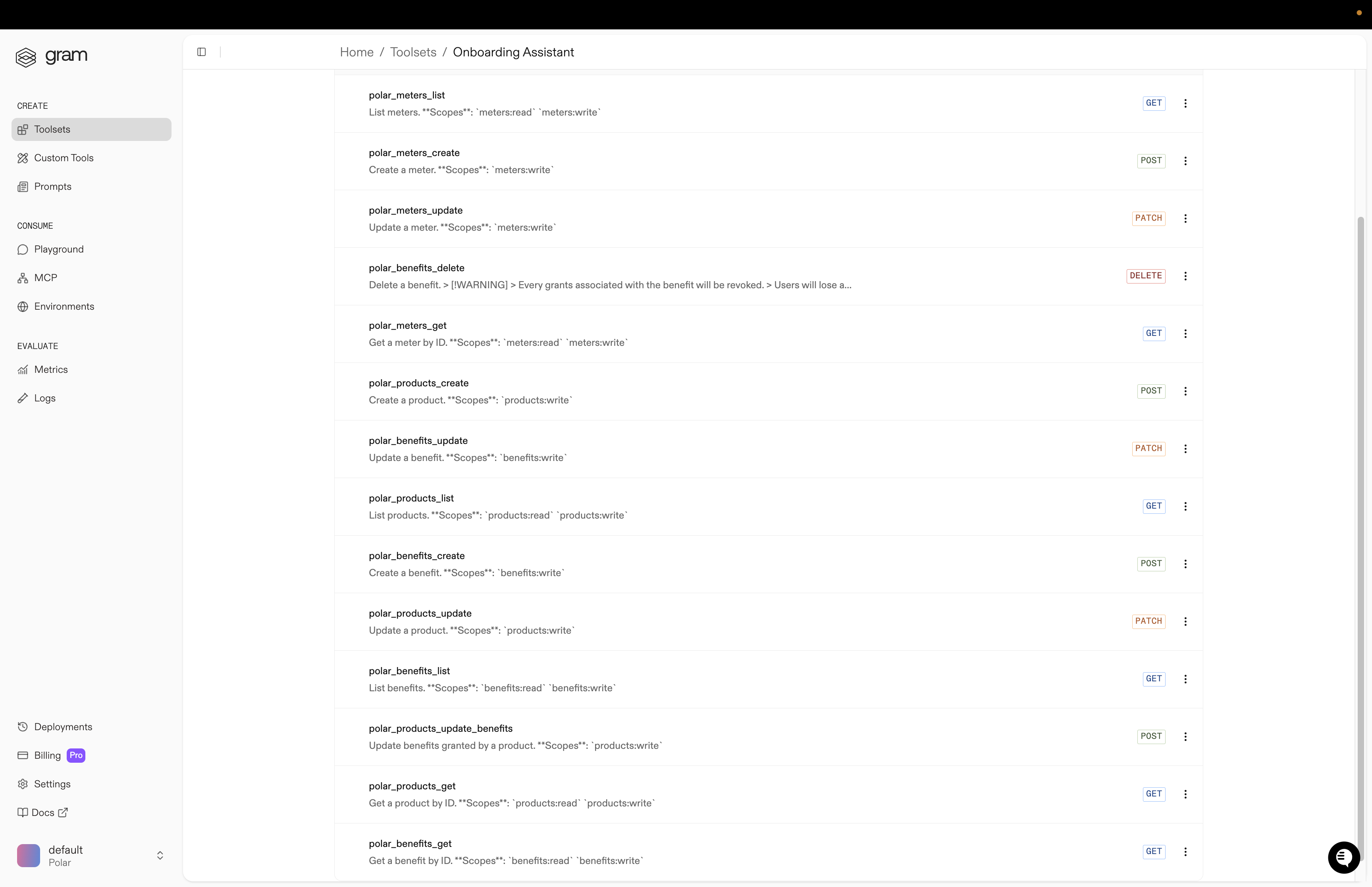 List of Polar's tools in the Gram UI