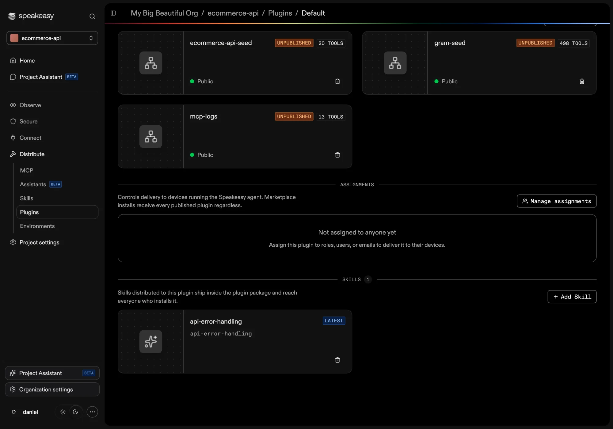 The skills section of a plugin with a distributed skill tracking the latest version
