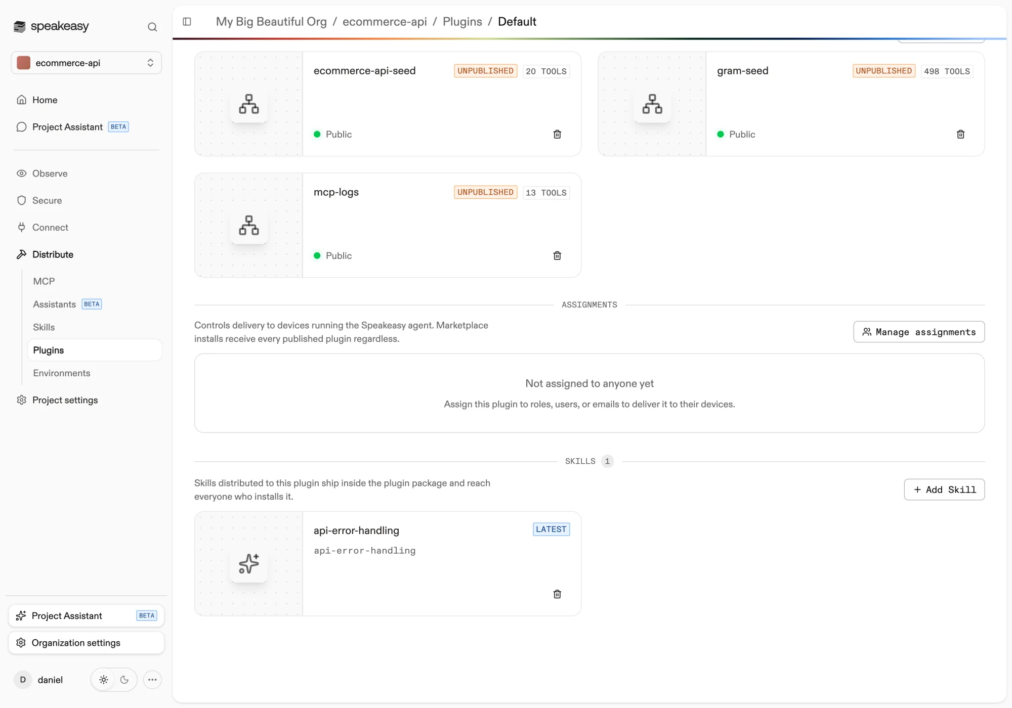 The skills section of a plugin with a distributed skill tracking the latest version