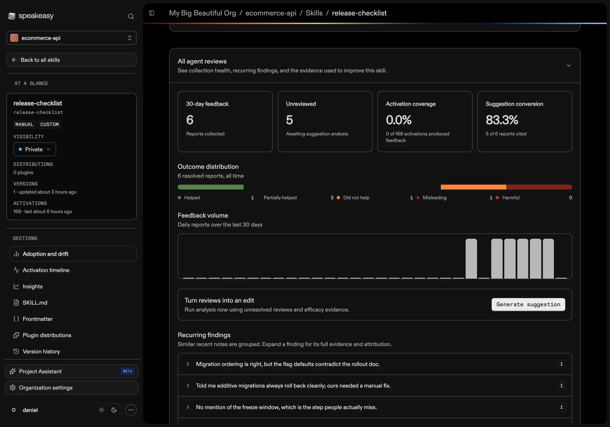 The all agent reviews section with outcome distribution, feedback volume, and recurring findings